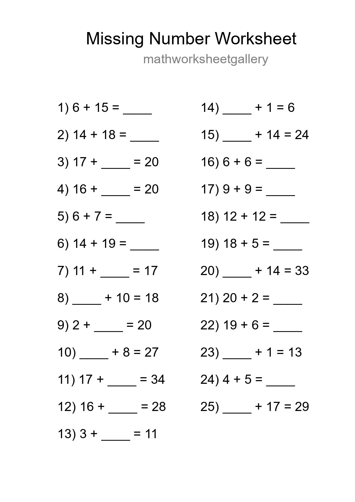 Missing Number Math Worksheet