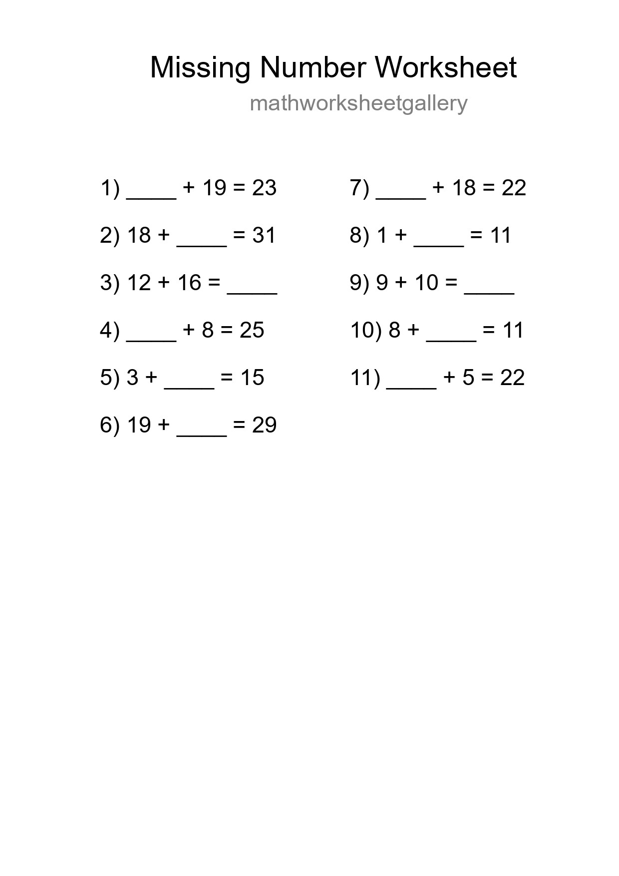 Missing Number Math Worksheet