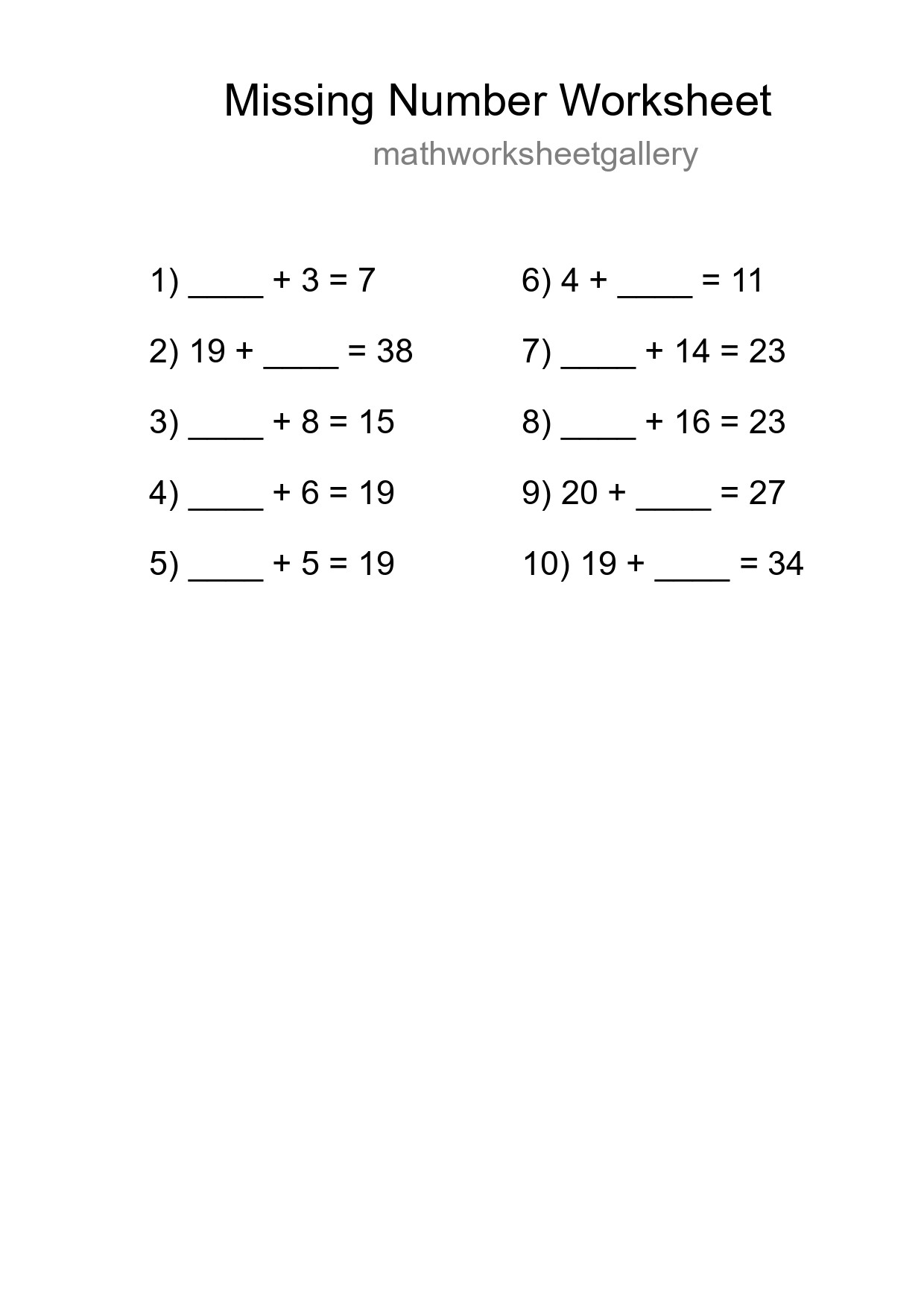 Missing Number Math Worksheet