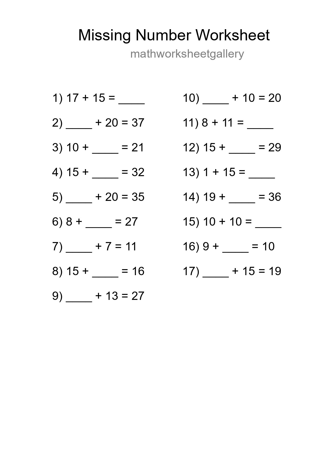 Missing Number Math Worksheet