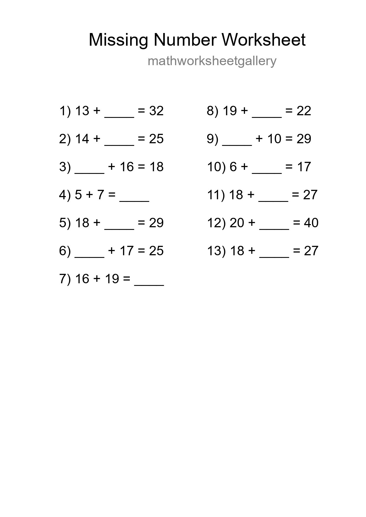 Missing Number Math Worksheet