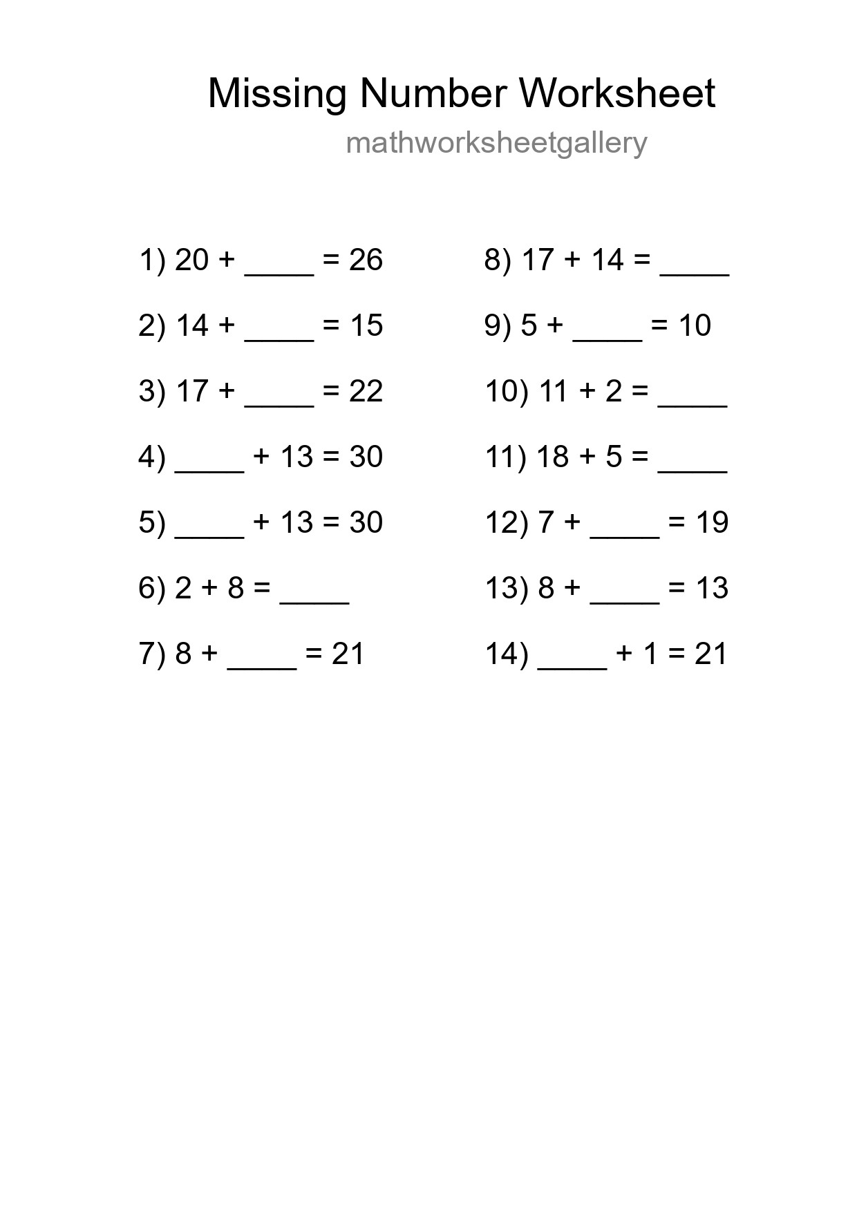 Missing Number Math Worksheet