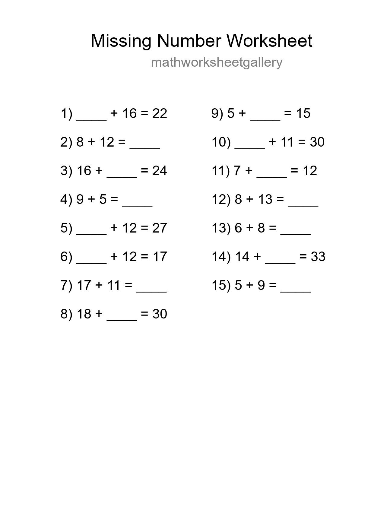 Missing Number Math Worksheet