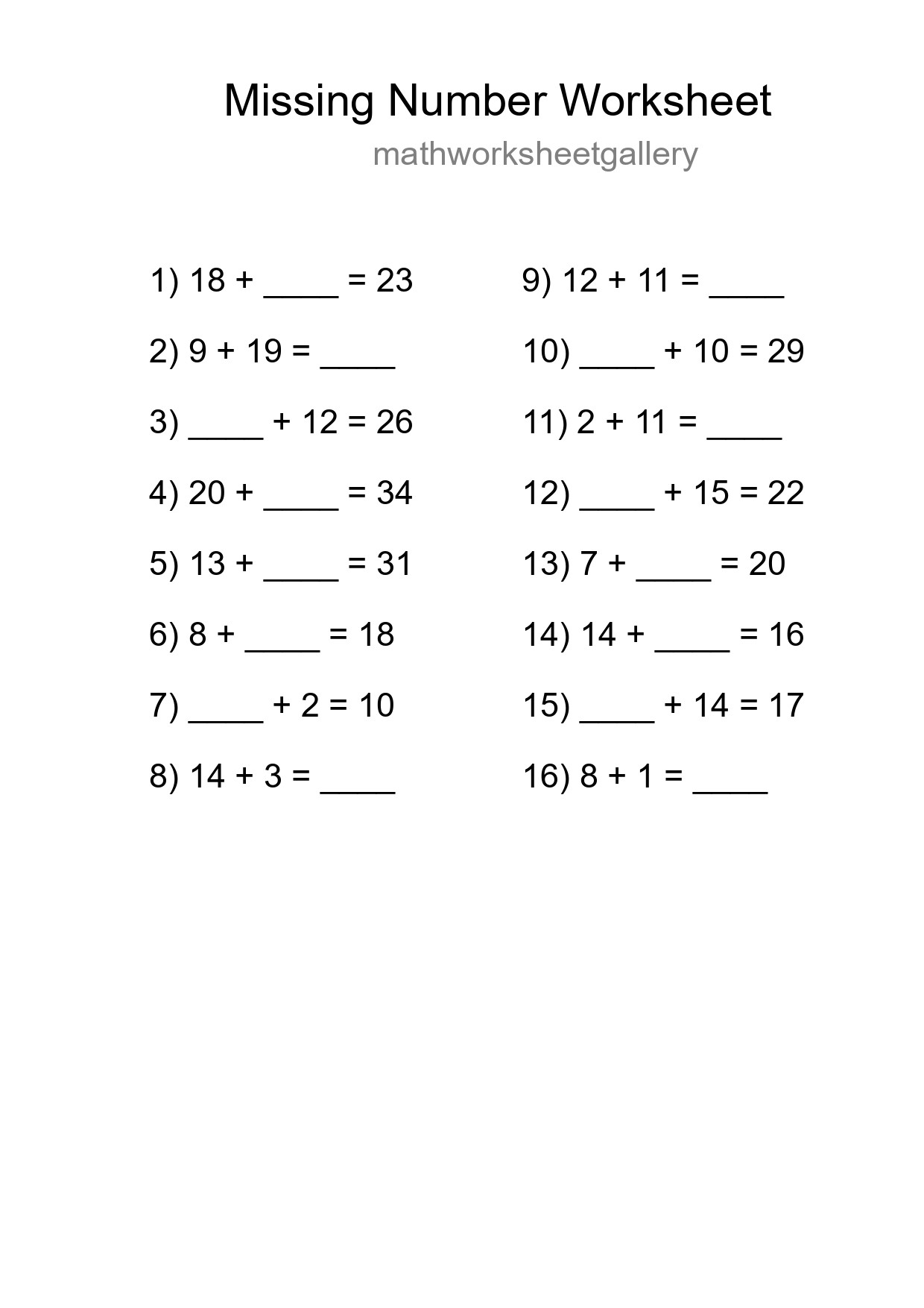 Missing Number Math Worksheet