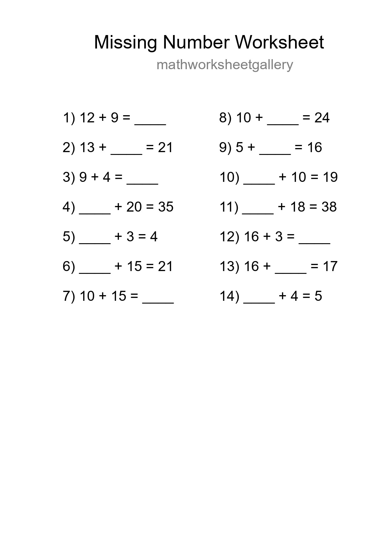 Missing Number Math Worksheet