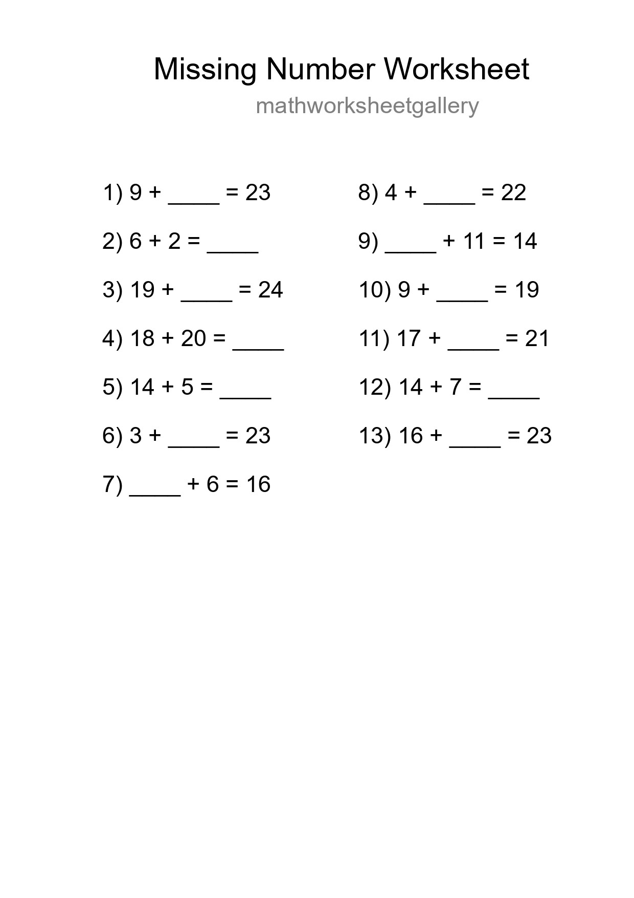 Missing Number Math Worksheet