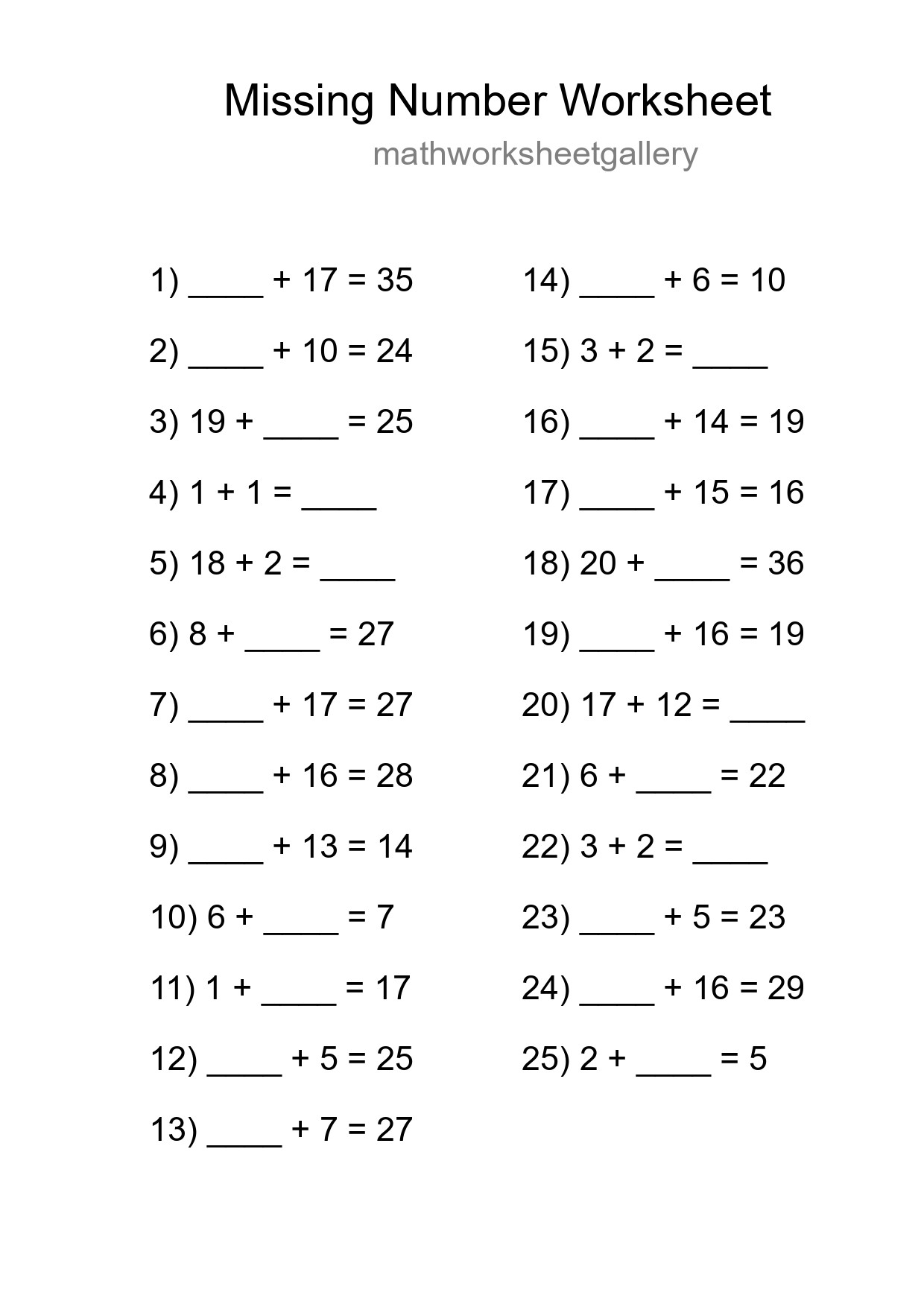 Missing Number Math Worksheet