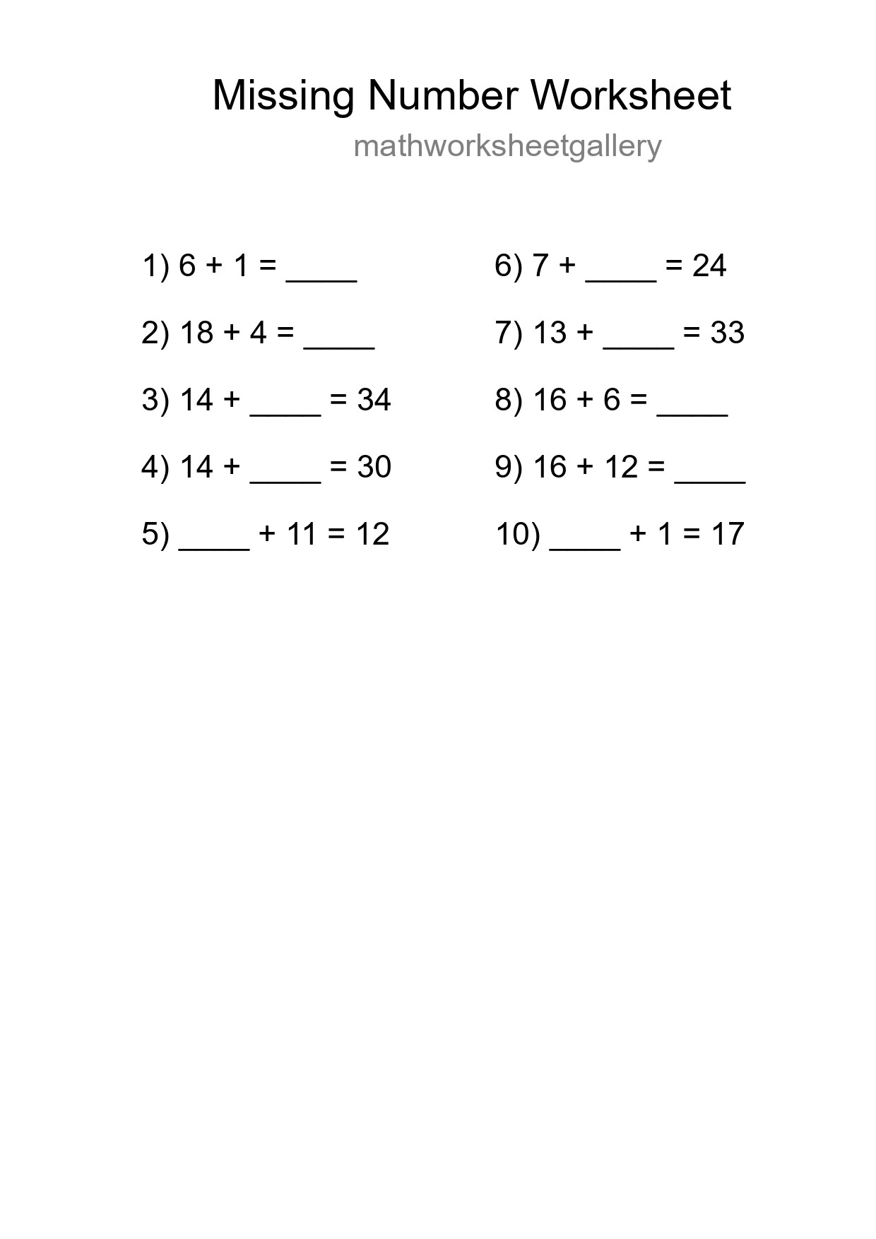 Missing Number Math Worksheet