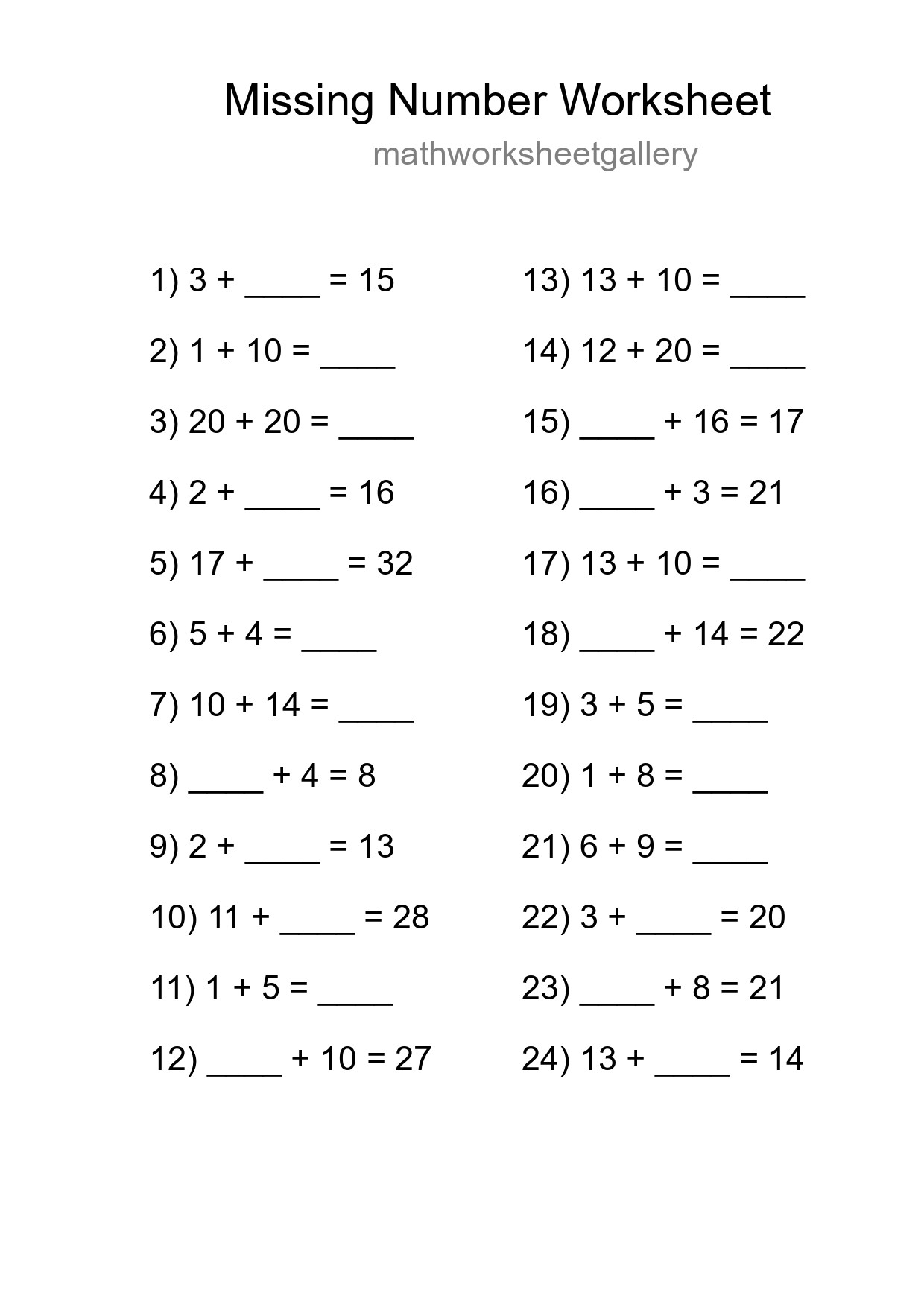 Missing Number Math Worksheet