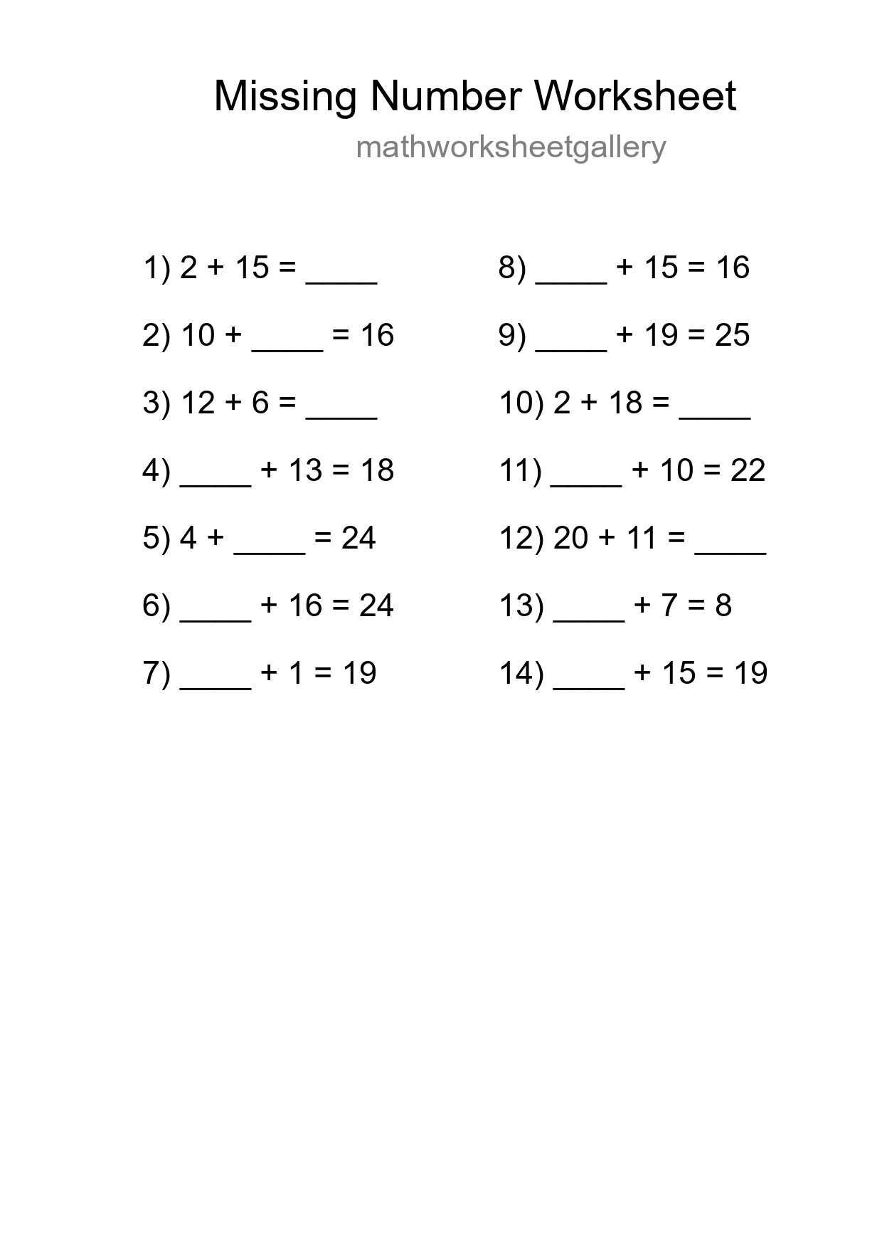 Missing Number Math Worksheet