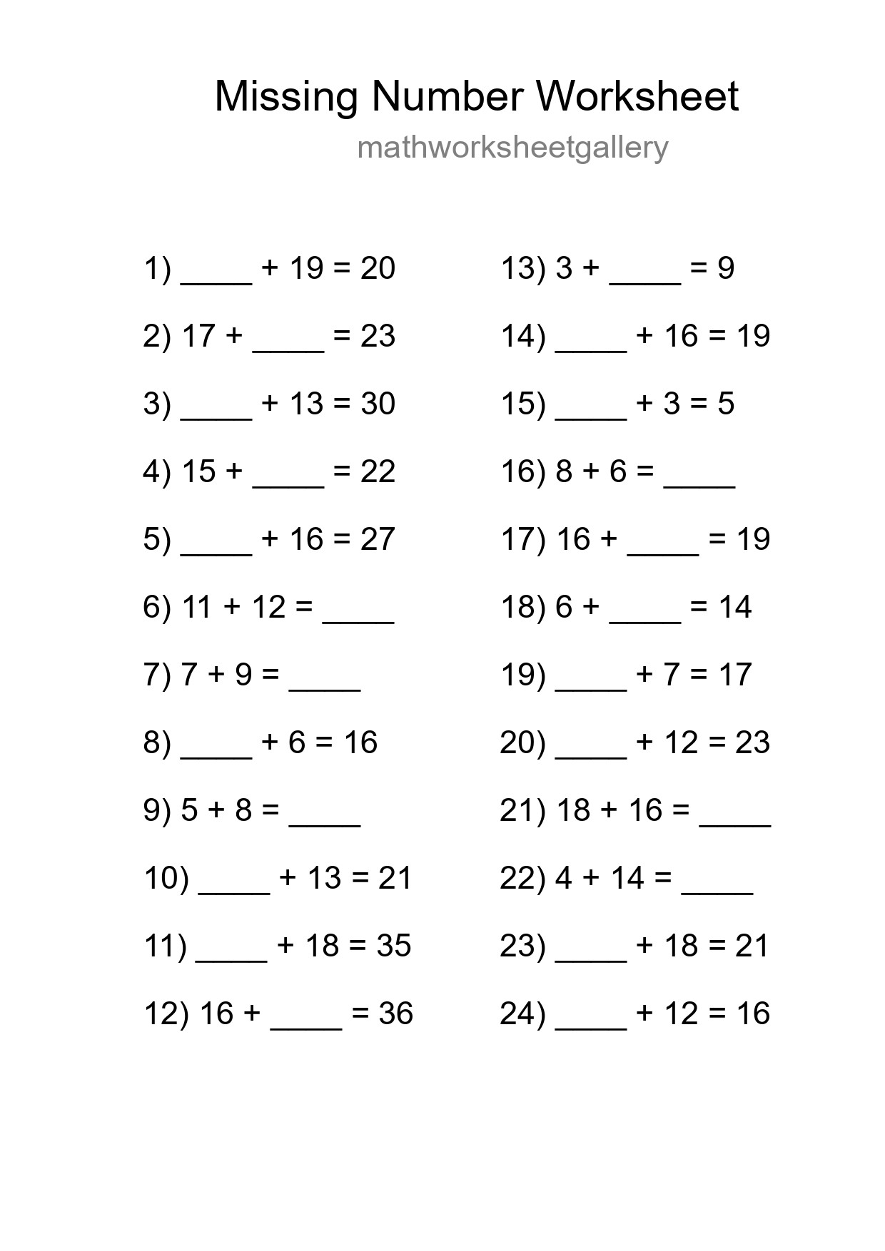Missing Number Math Worksheet