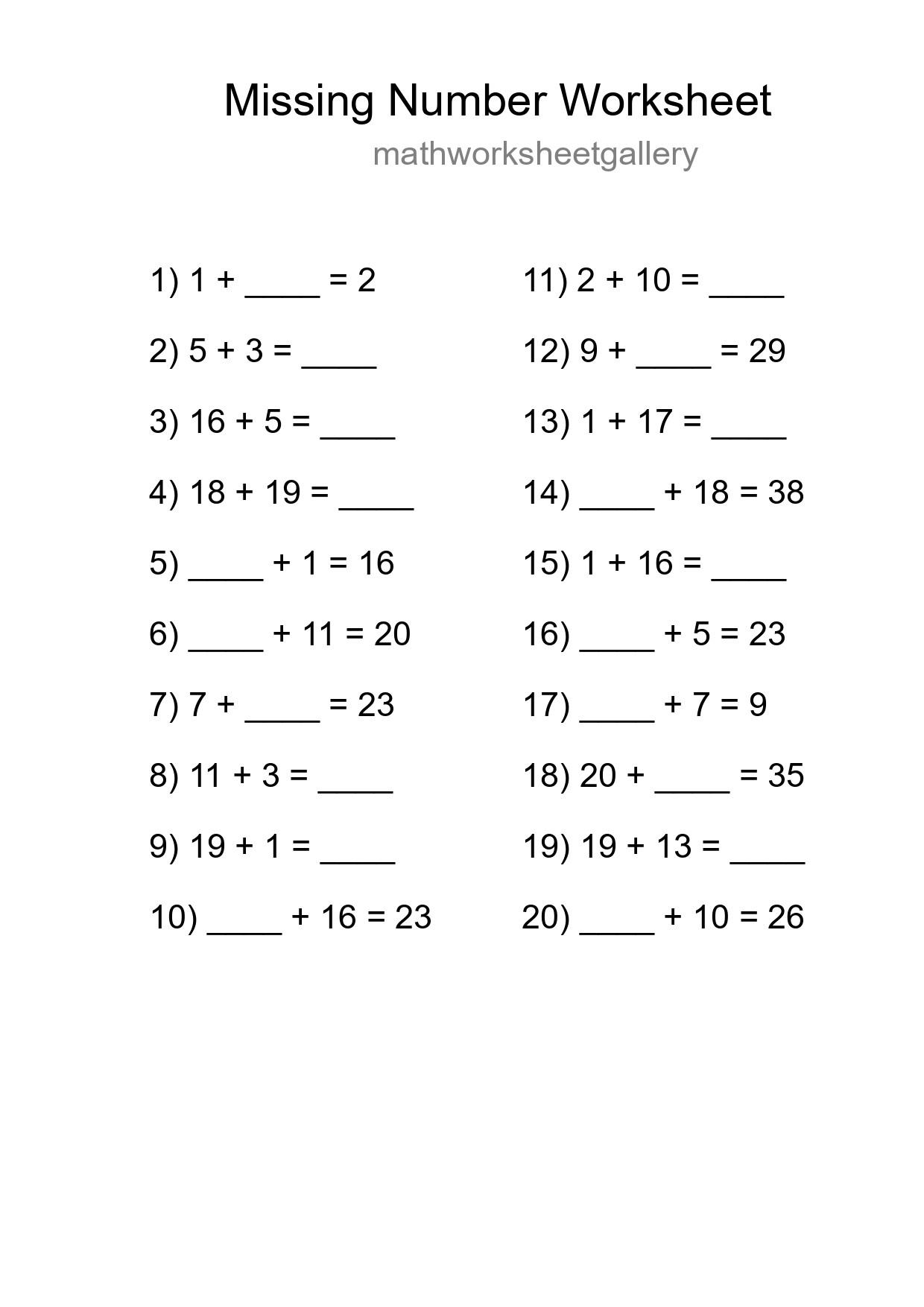 Missing Number Math Worksheet