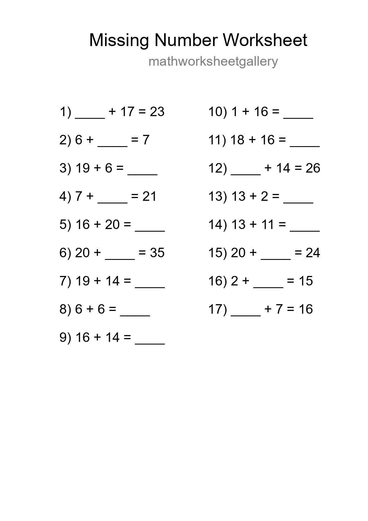 Missing Number Math Worksheet