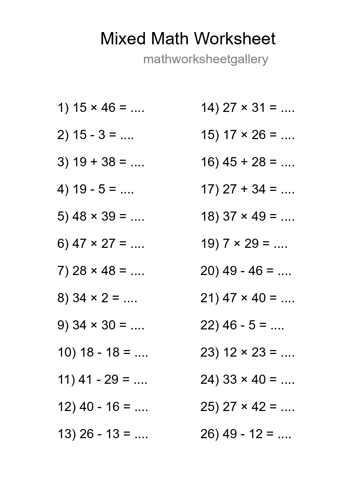 Mixed Operations Math Worksheet