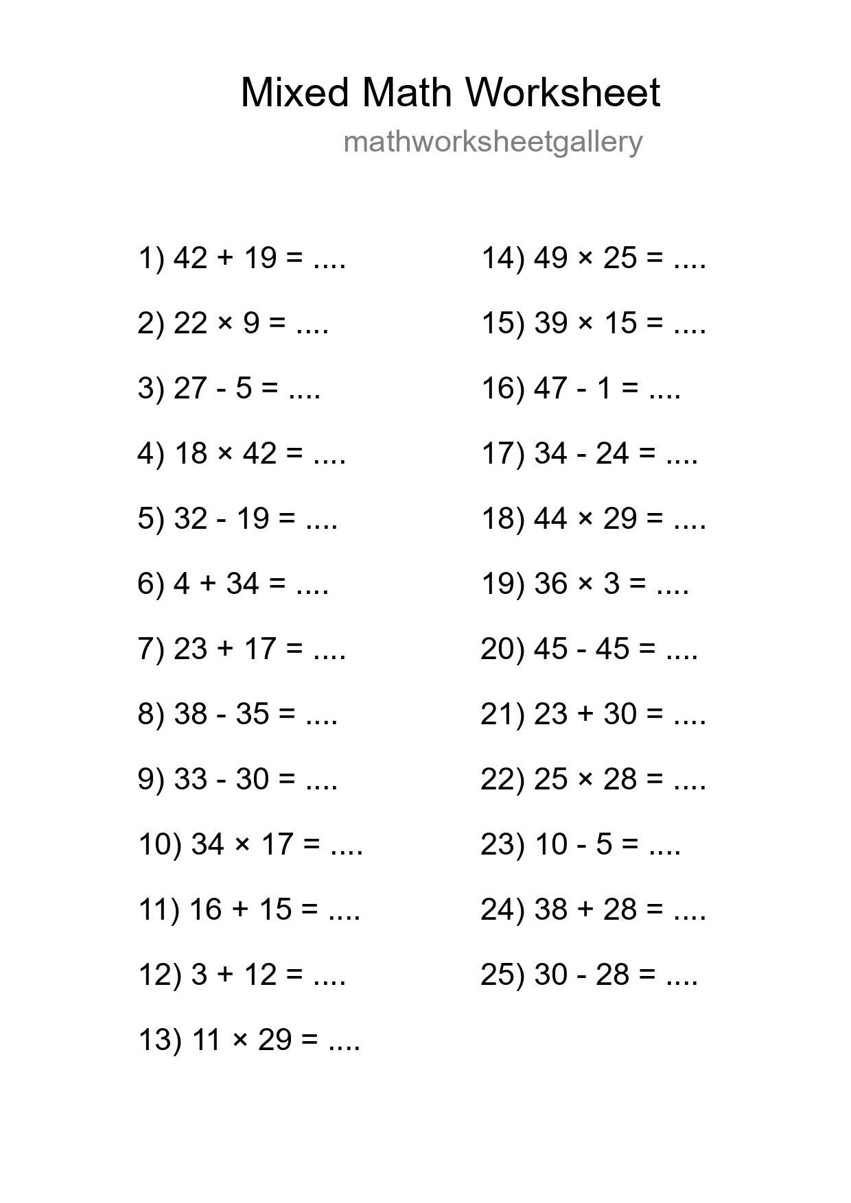 Mixed Operations Math Worksheet