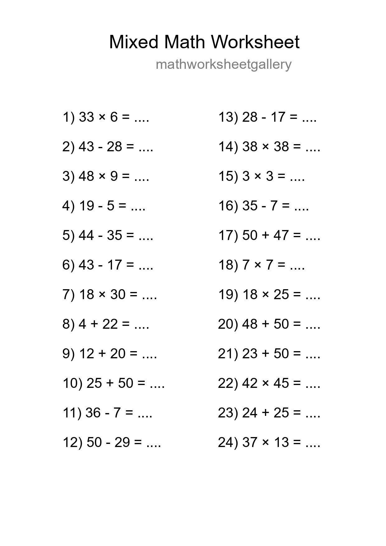 Mixed Operations Math Worksheet