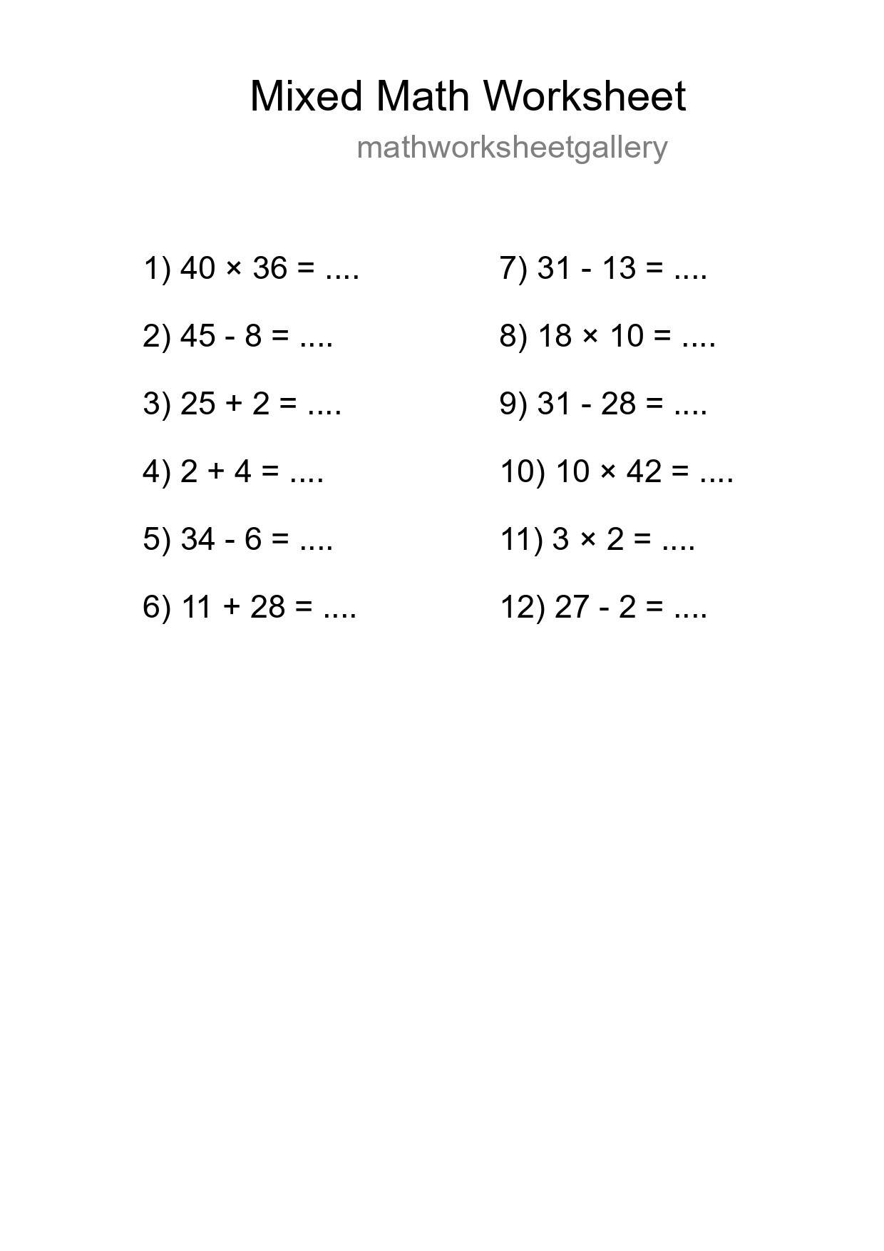 Mixed Operations Math Worksheet