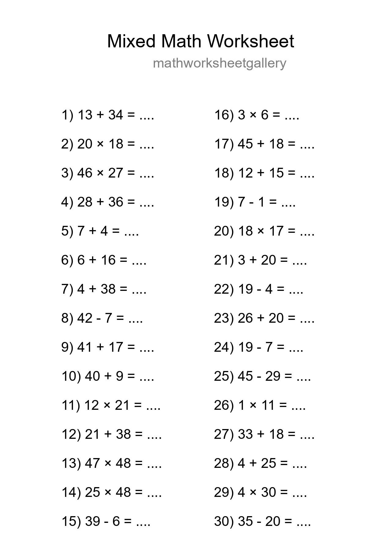 Mixed Operations Math Worksheet