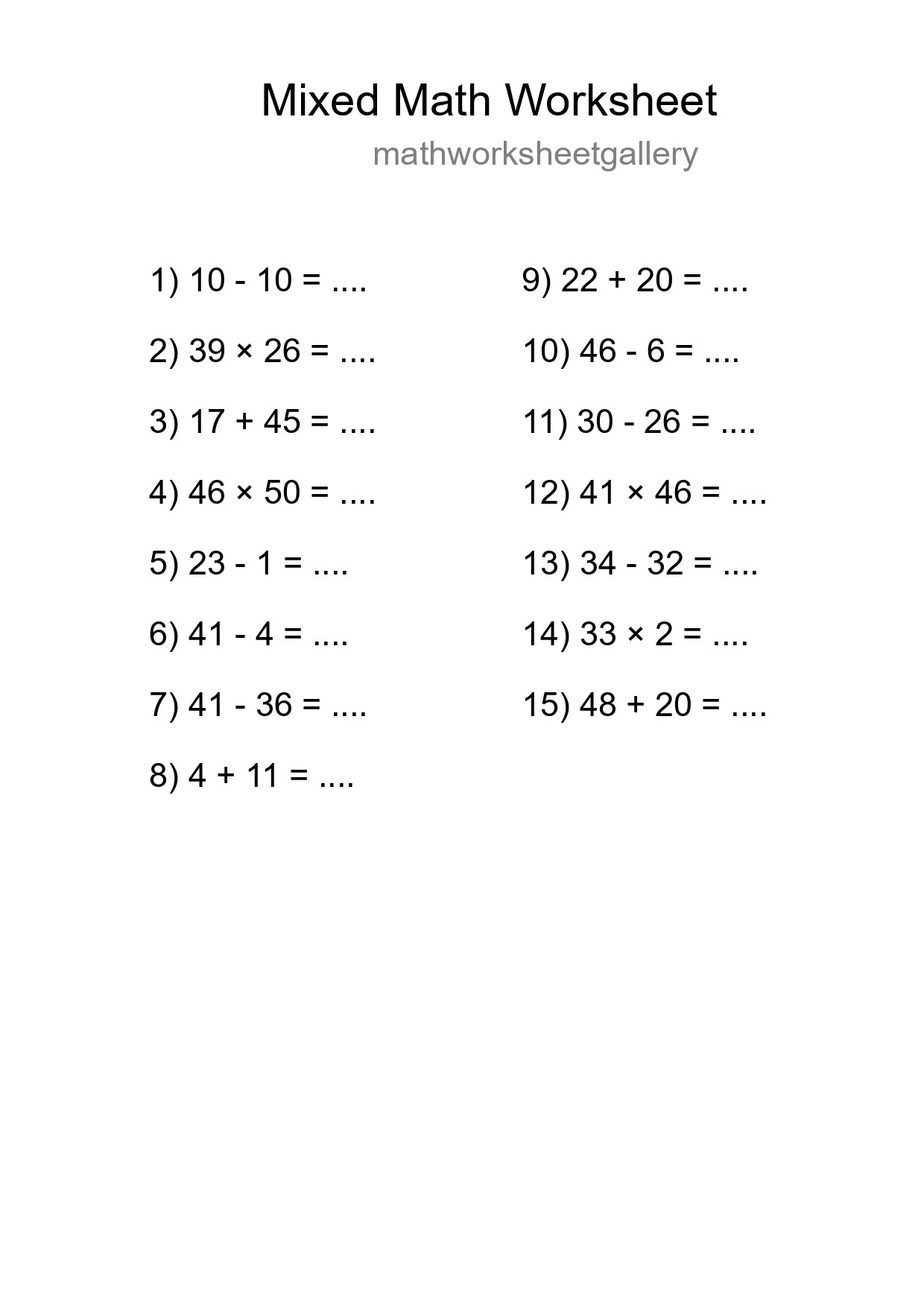Mixed Operations Math Worksheet