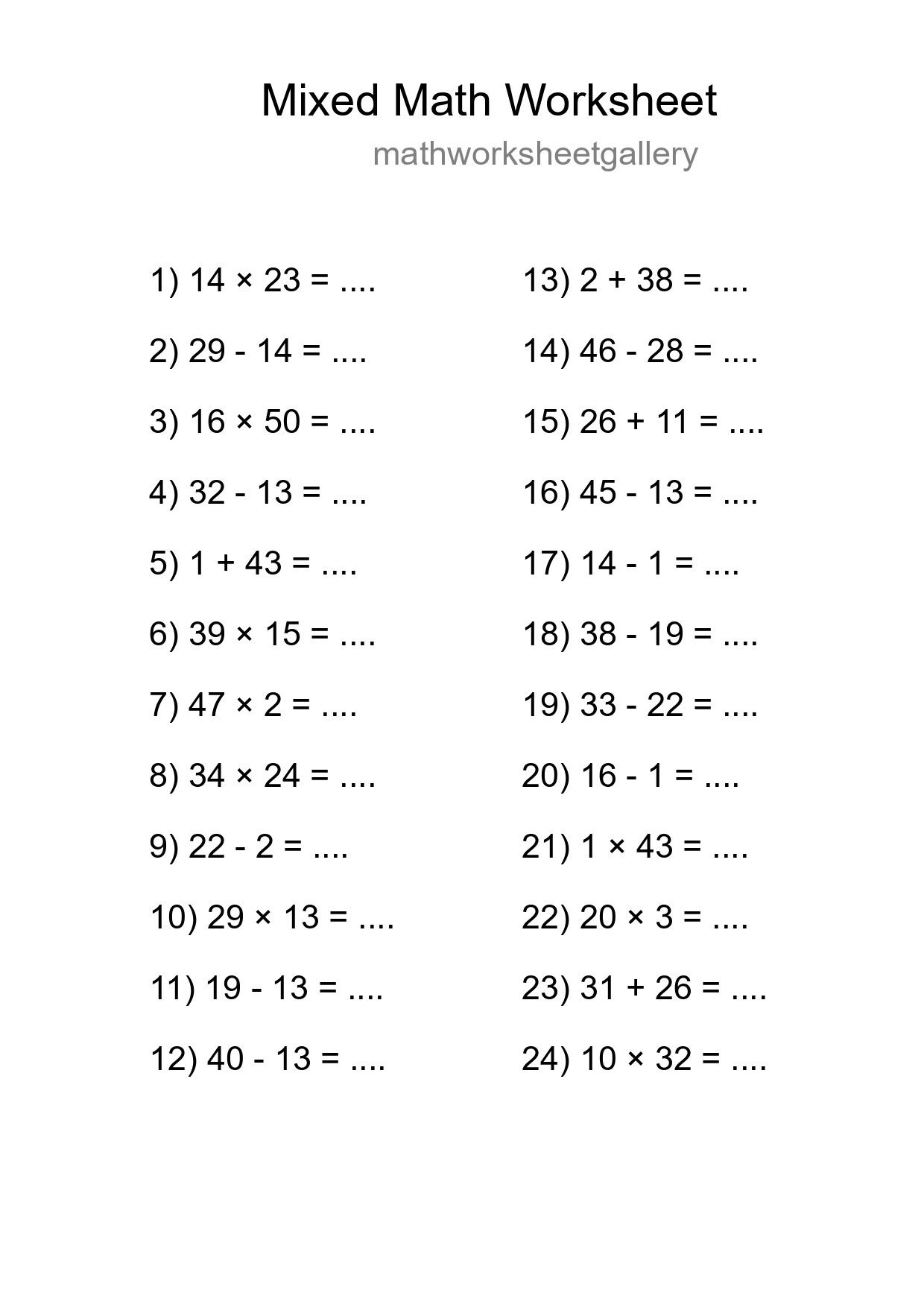 Mixed Operations Math Worksheet