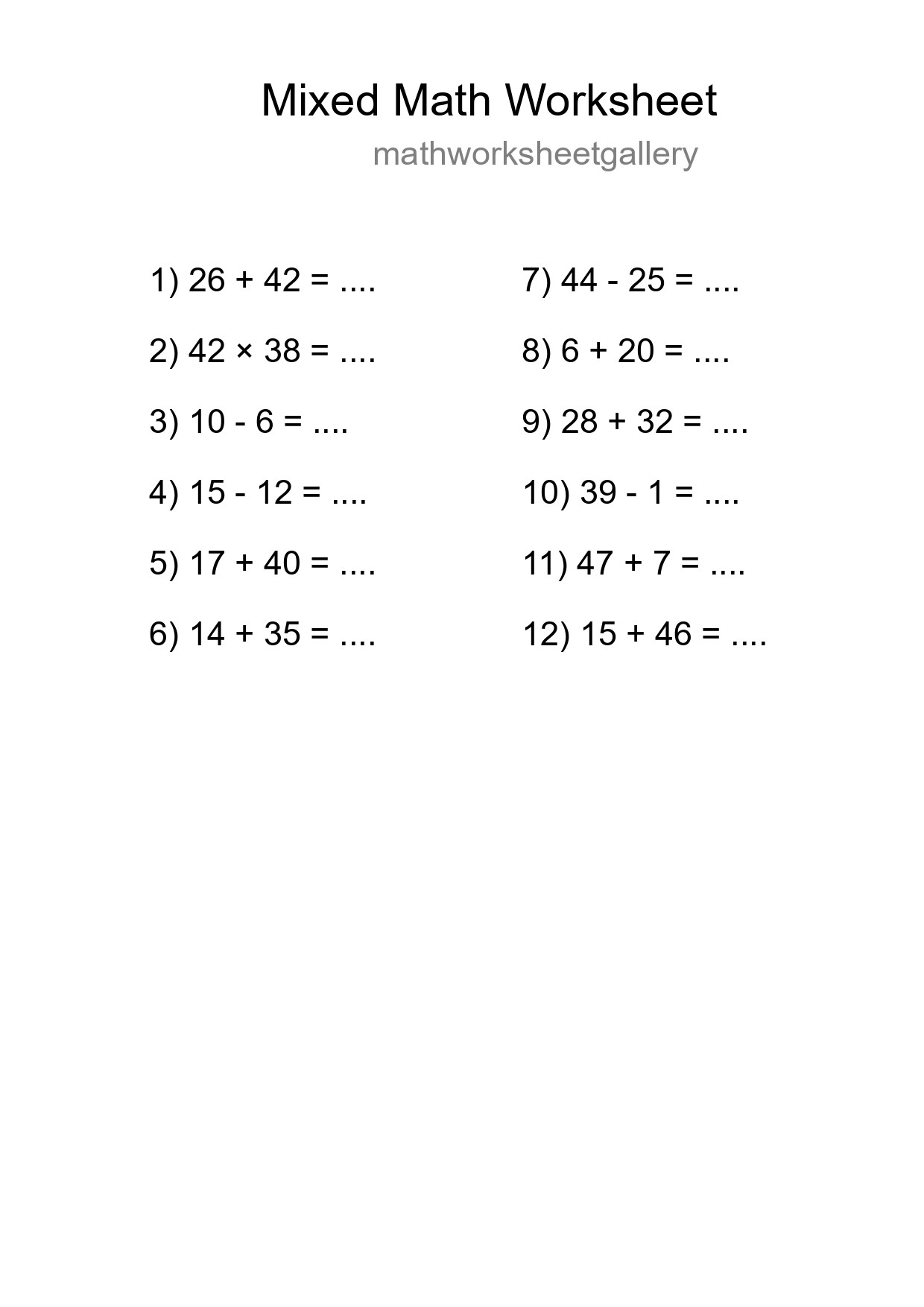Mixed Operations Math Worksheet