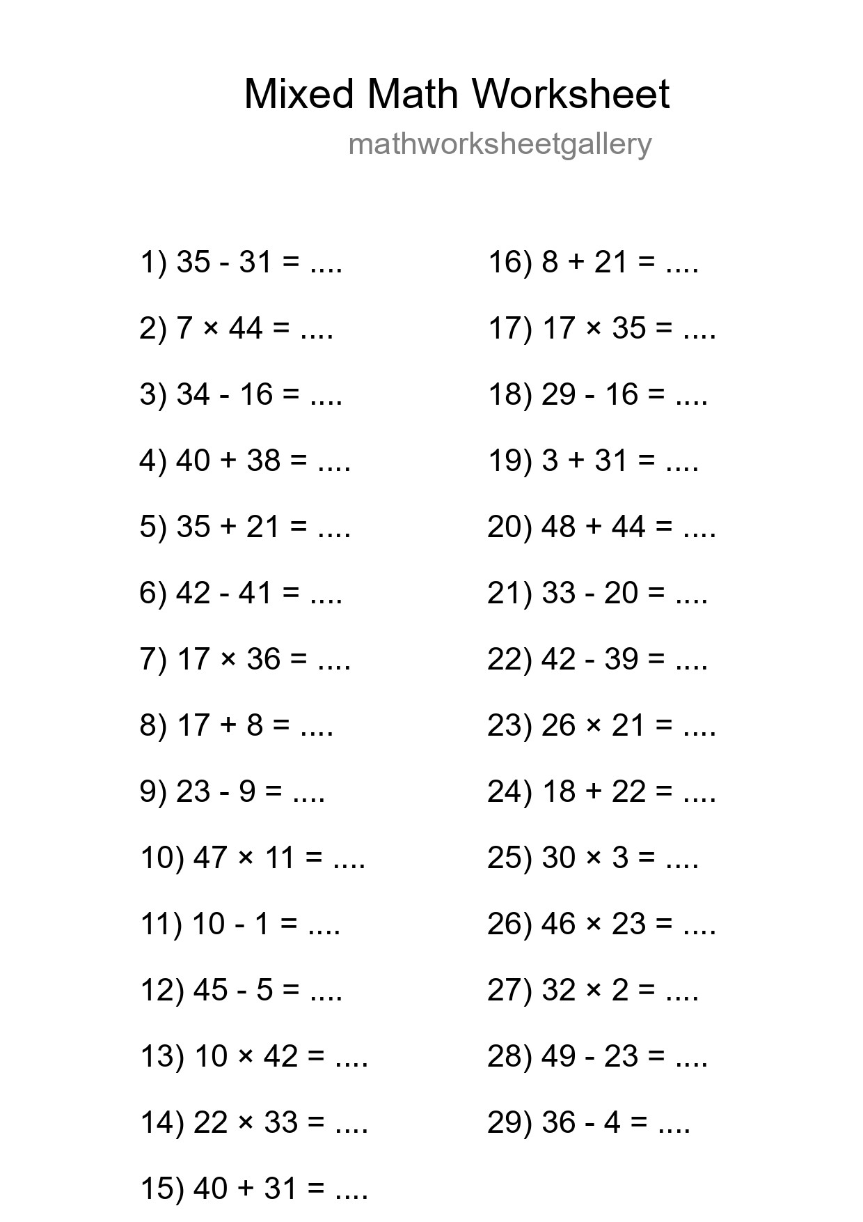 Mixed Operations Math Worksheet