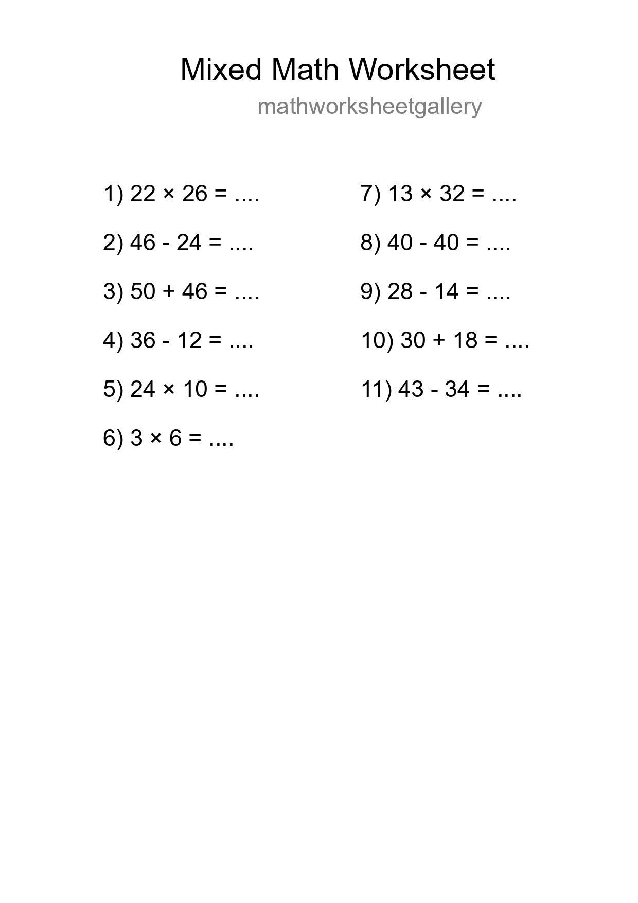 Mixed Operations Math Worksheet