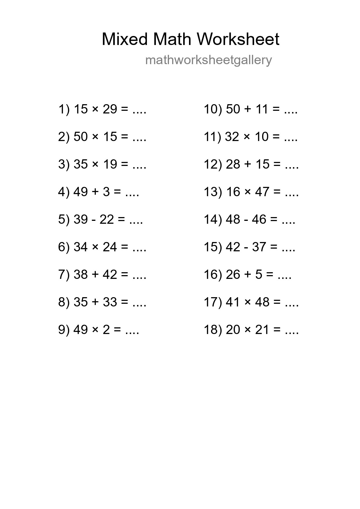 Mixed Operations Math Worksheet