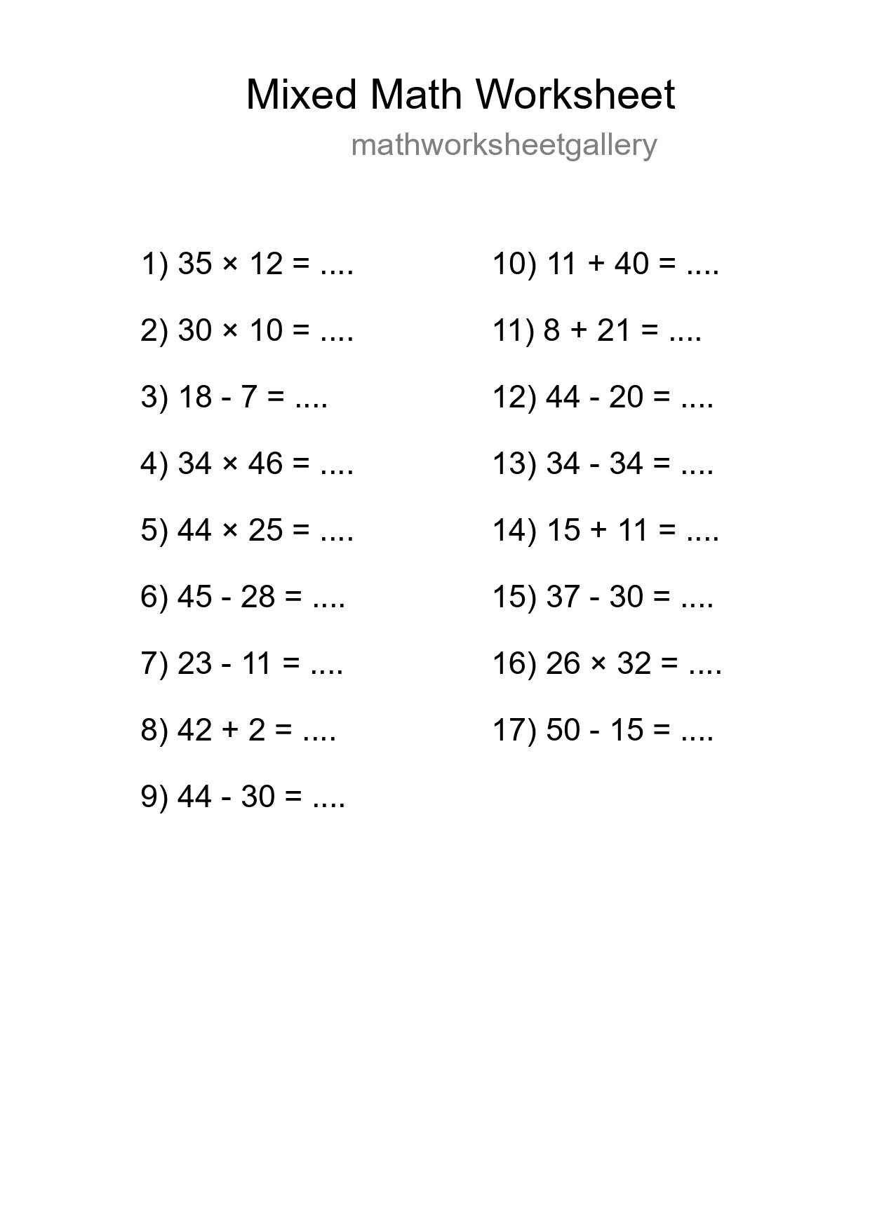 Mixed Operations Math Worksheet