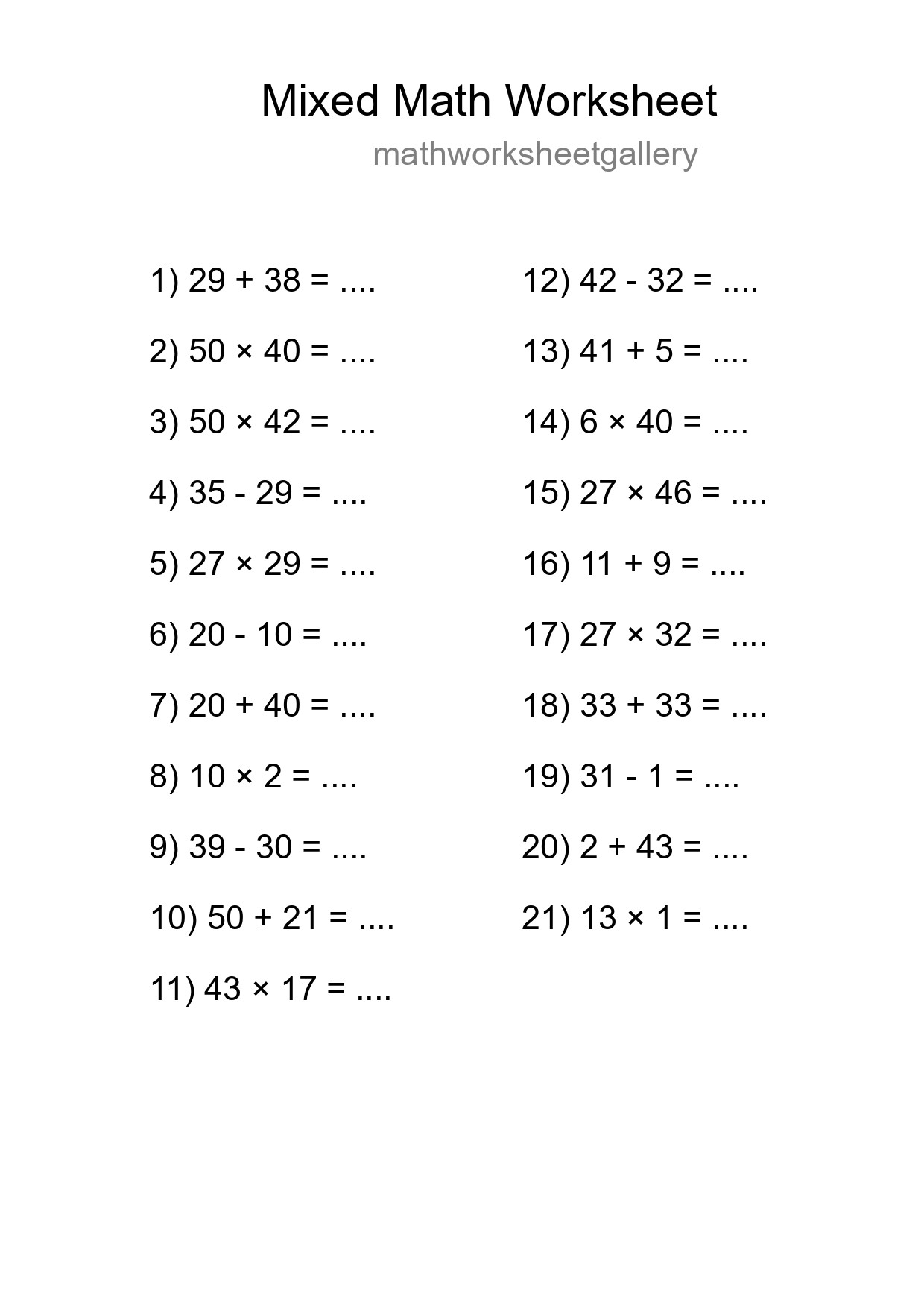 Mixed Operations Math Worksheet