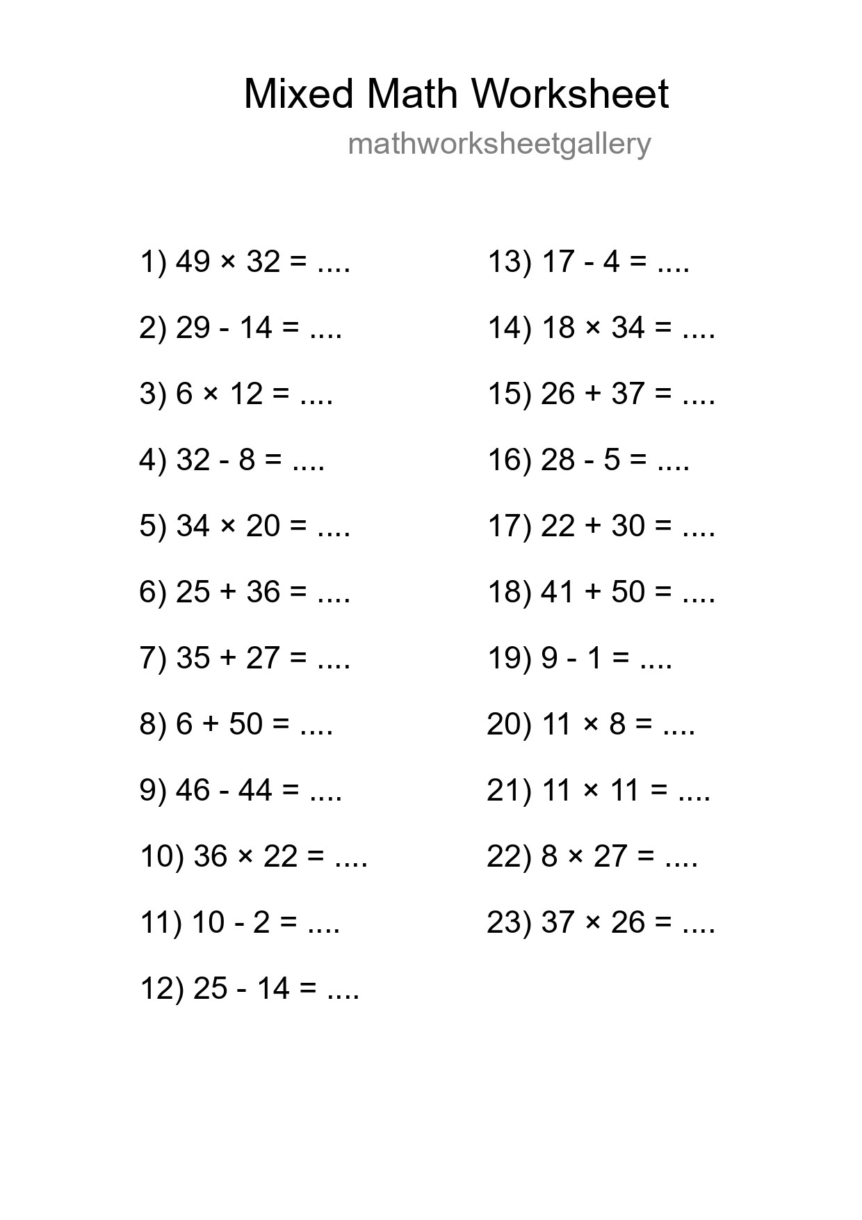 Mixed Operations Math Worksheet