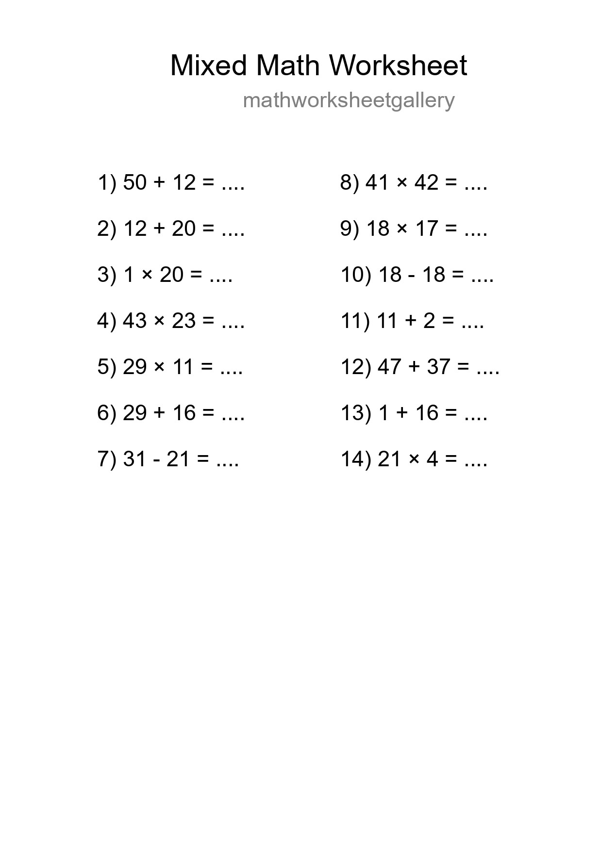 Mixed Operations Math Worksheet