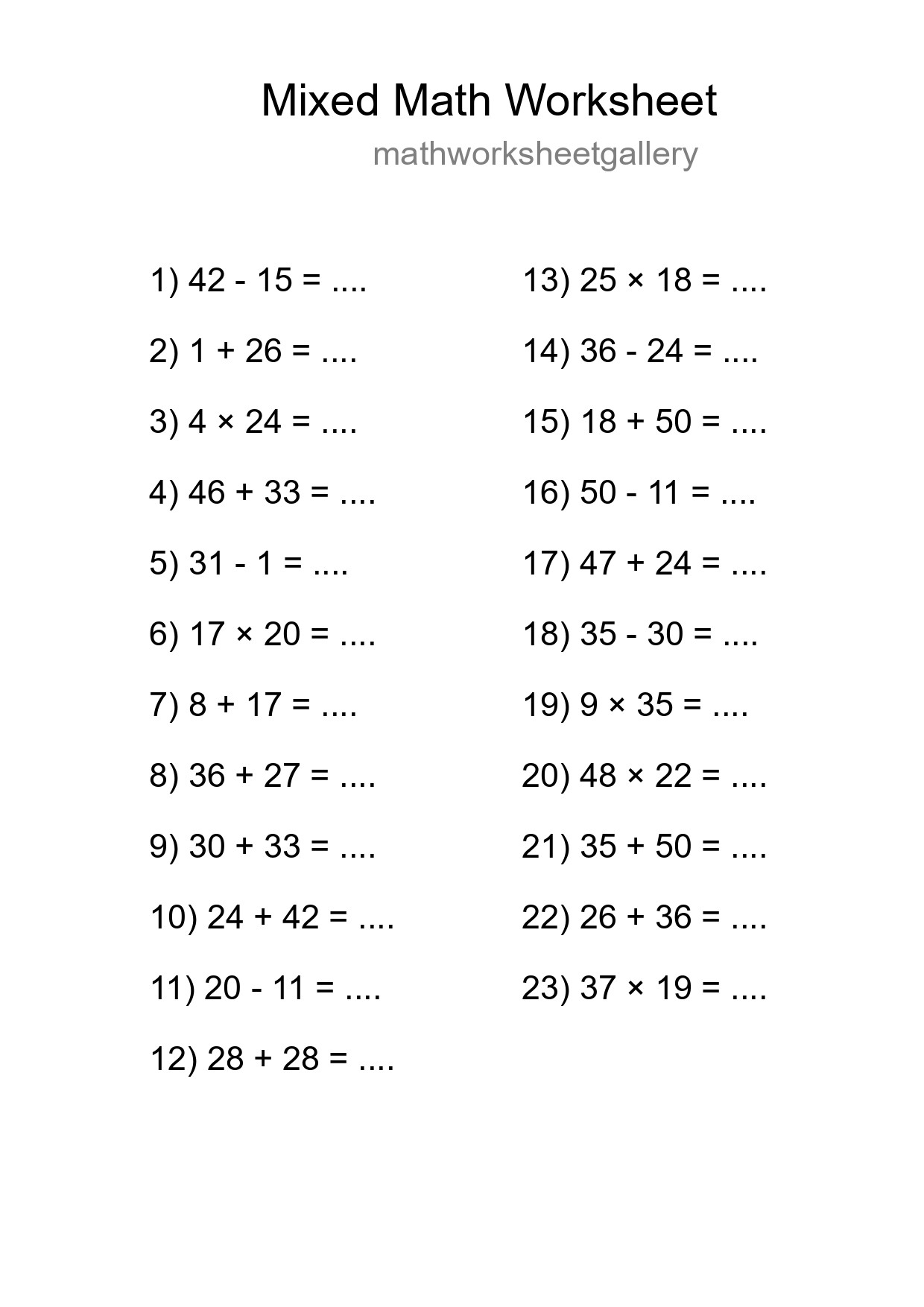 Mixed Operations Math Worksheet