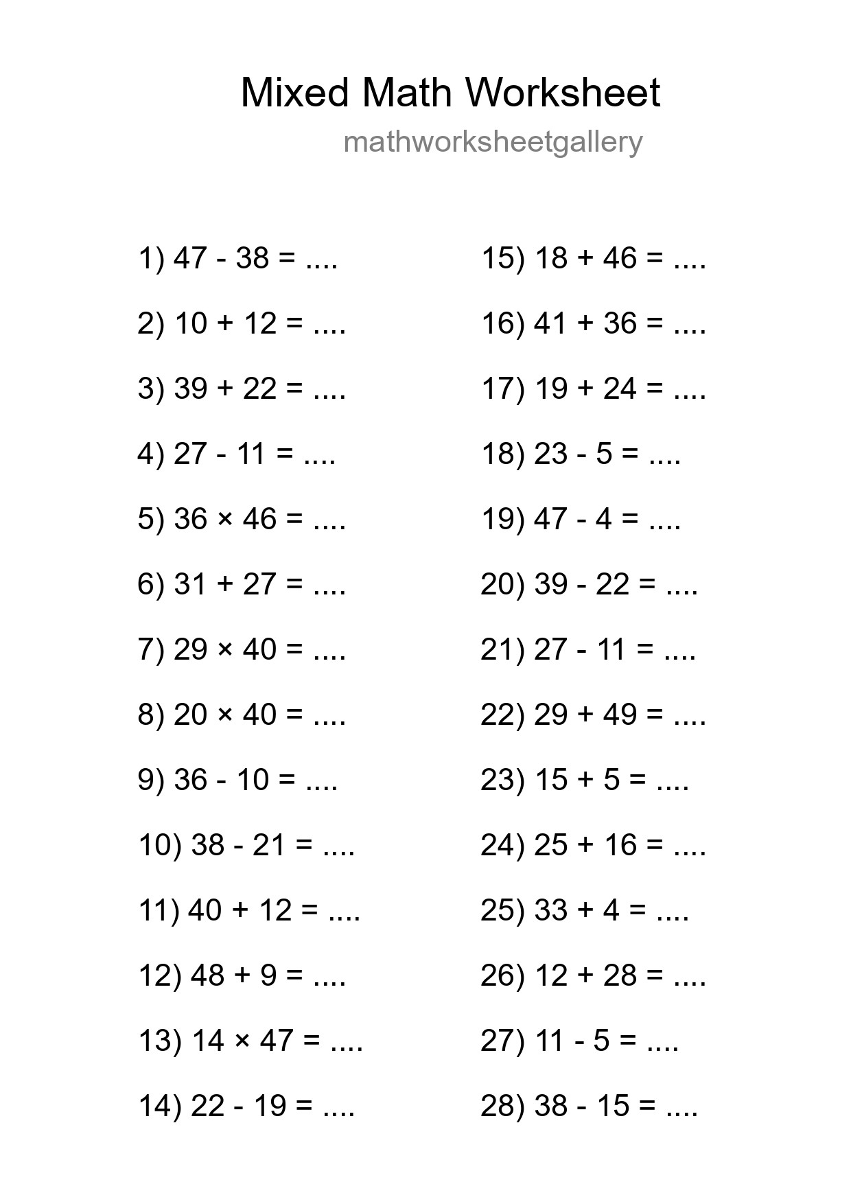 Mixed Operations Math Worksheet