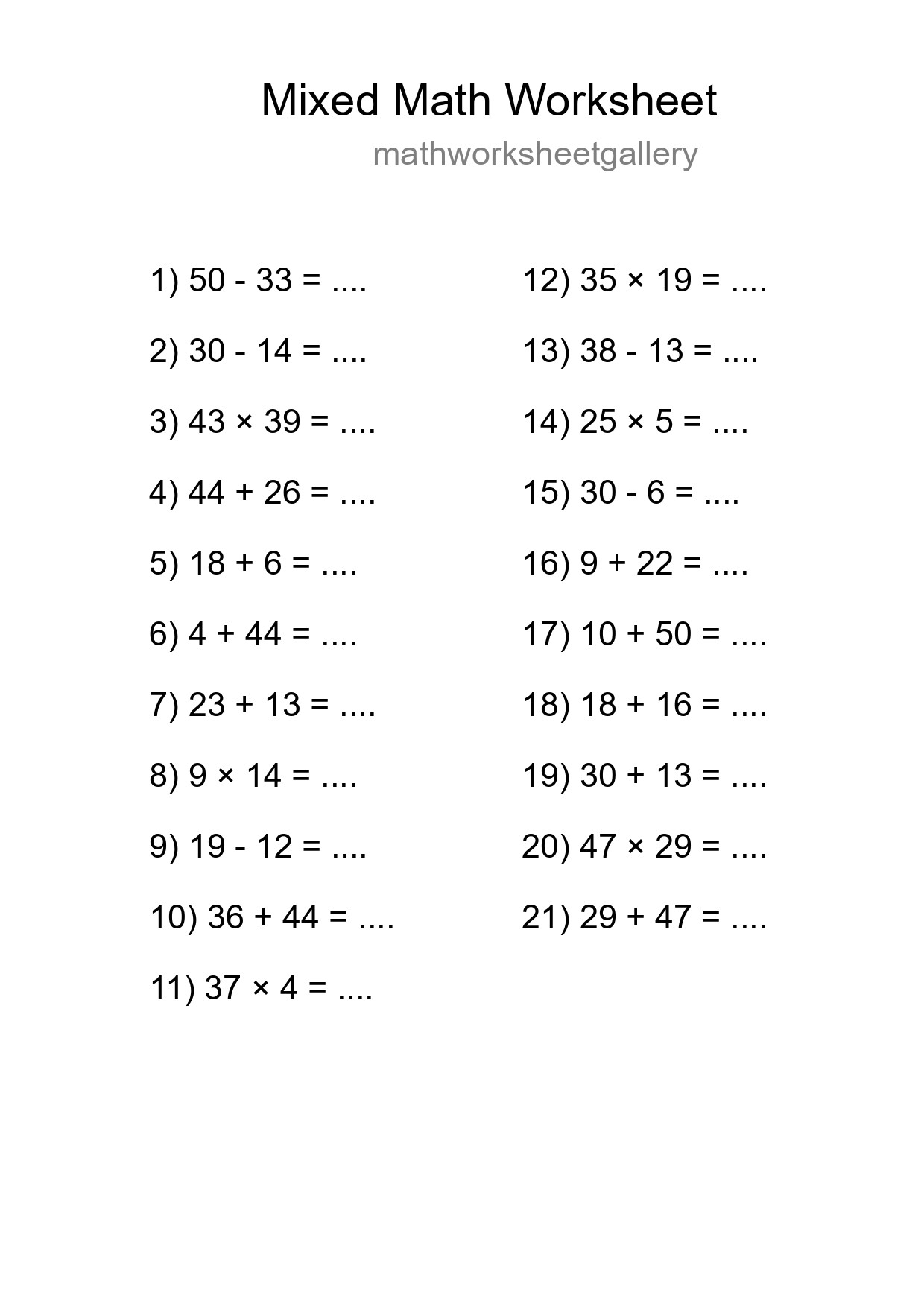 Mixed Operations Math Worksheet