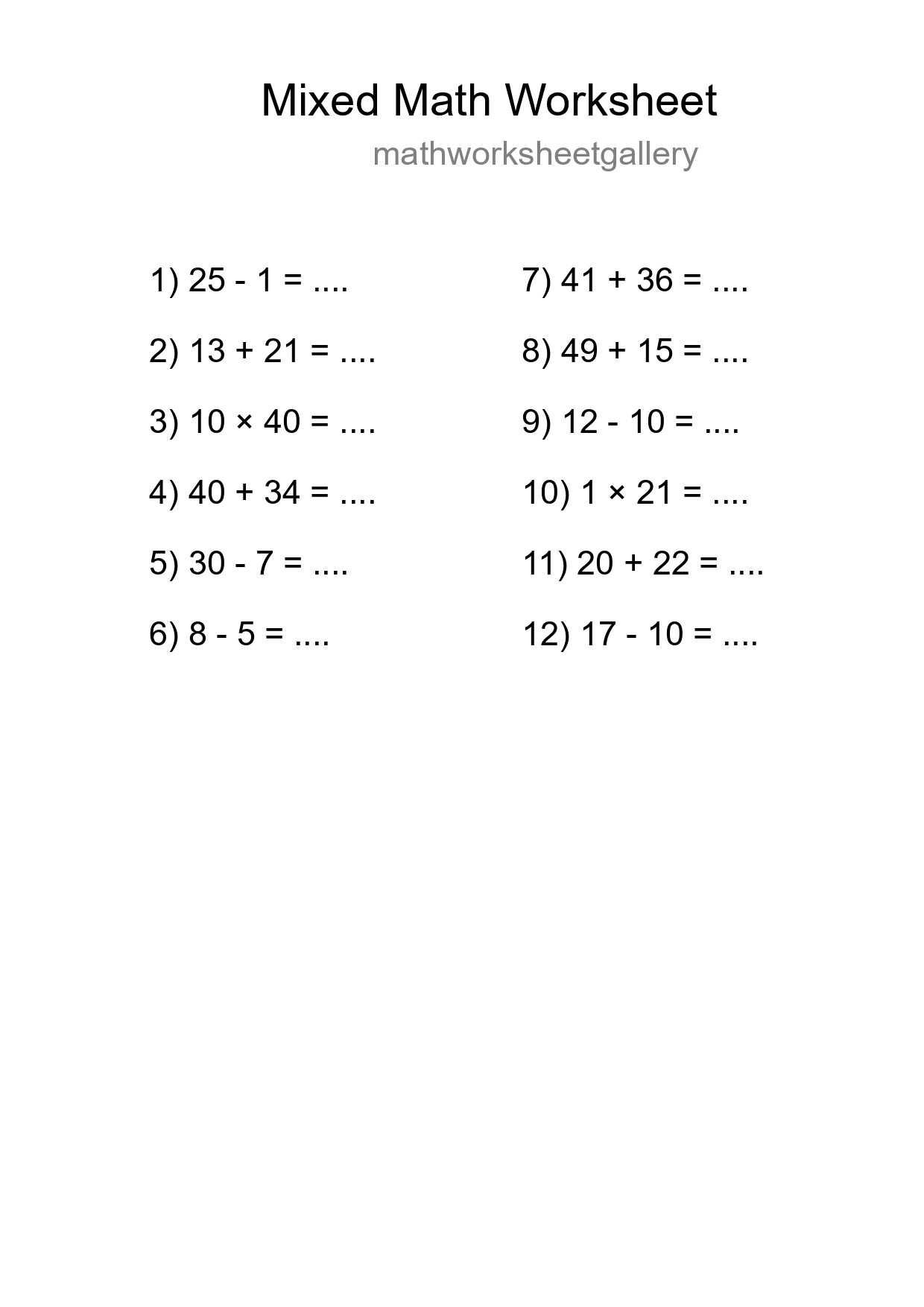 Mixed Operations Math Worksheet