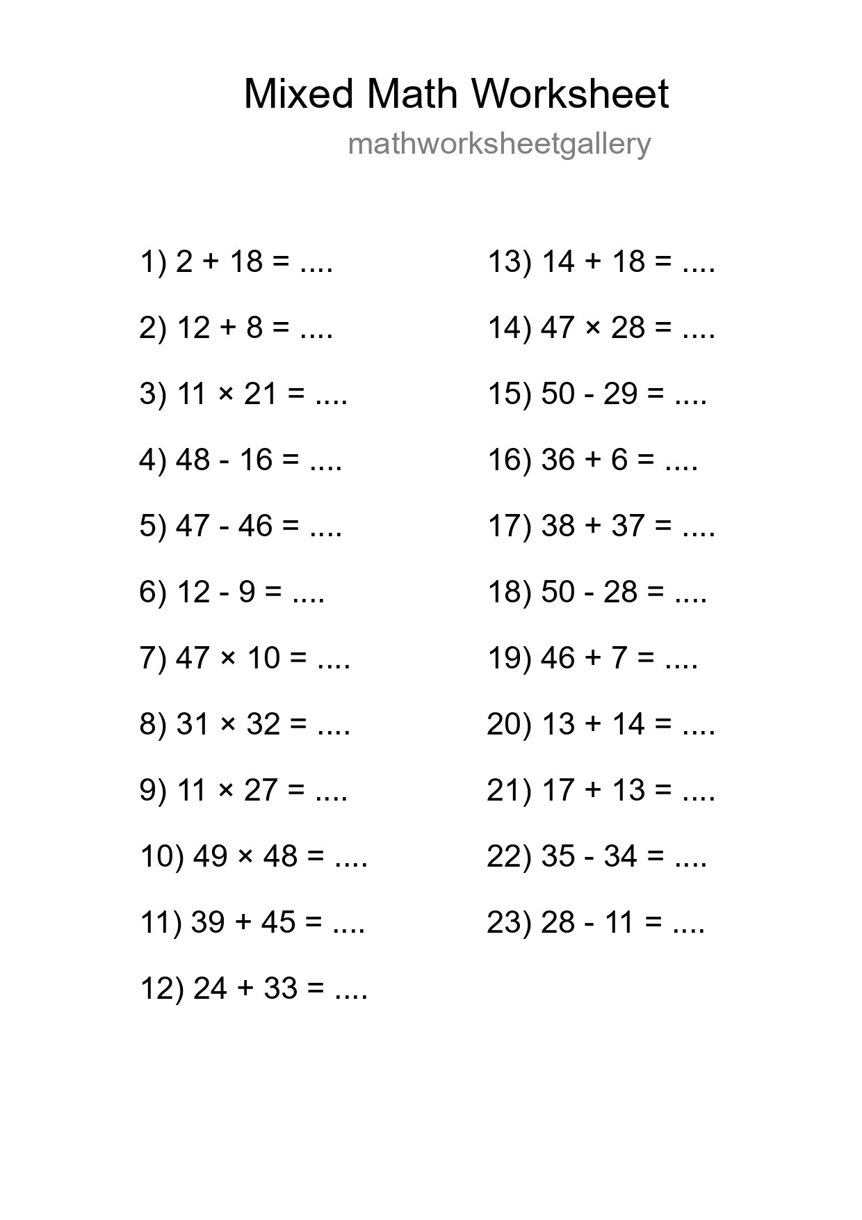 Mixed Operations Math Worksheet