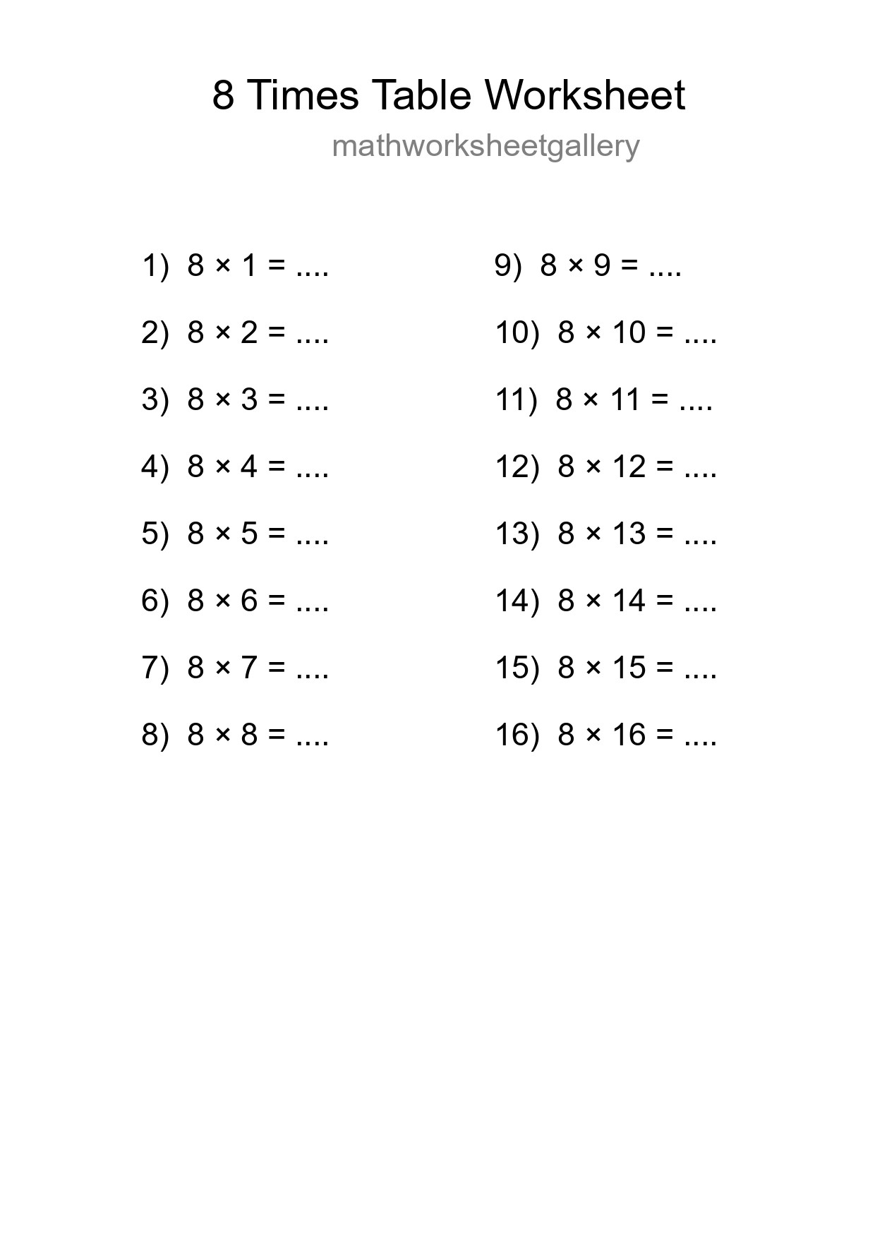 Printable 8 Times Table Worksheet For Grade 3 - Part 69