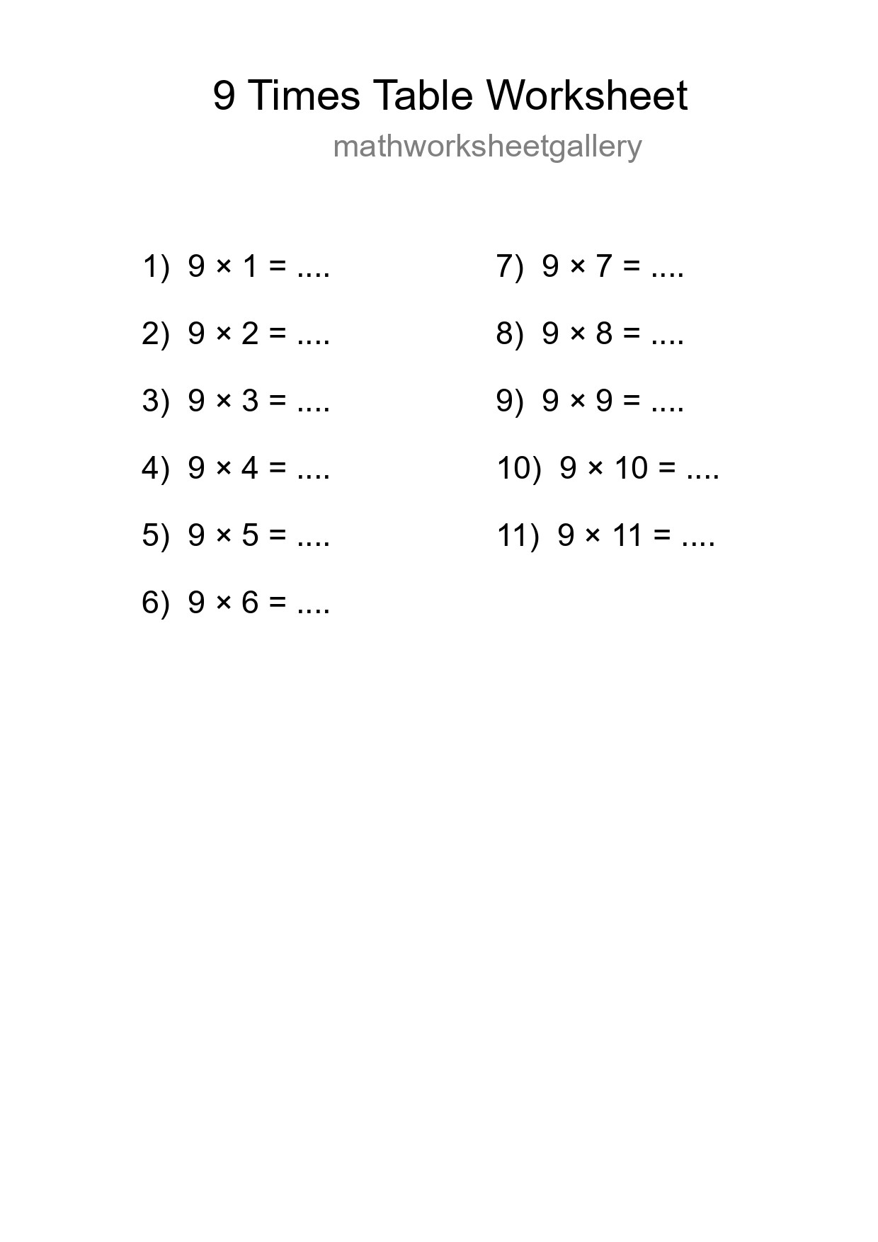Printable 9 Times Table Worksheet For Grade 3 - Part 209