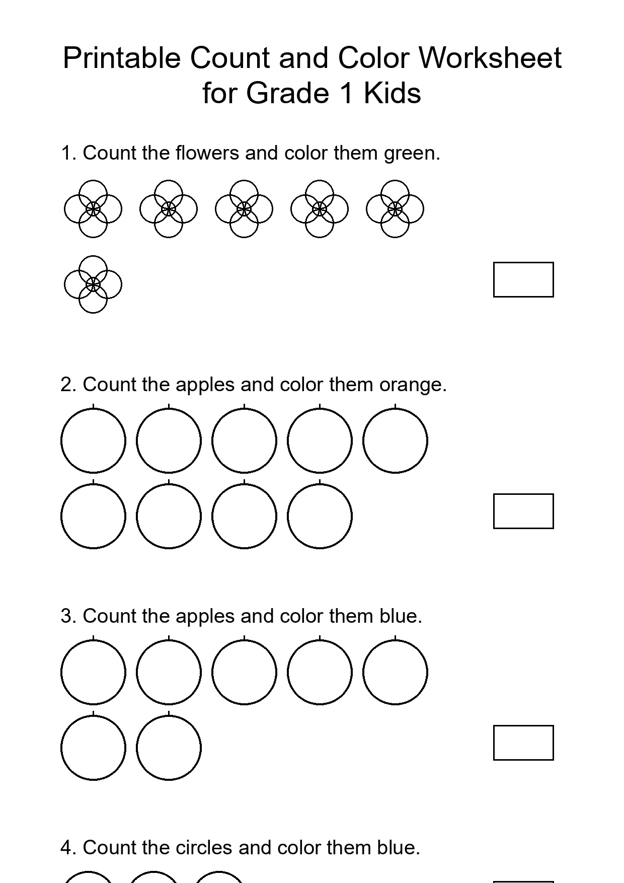 Printable Count and Color Worksheet for Grade 1 Kids