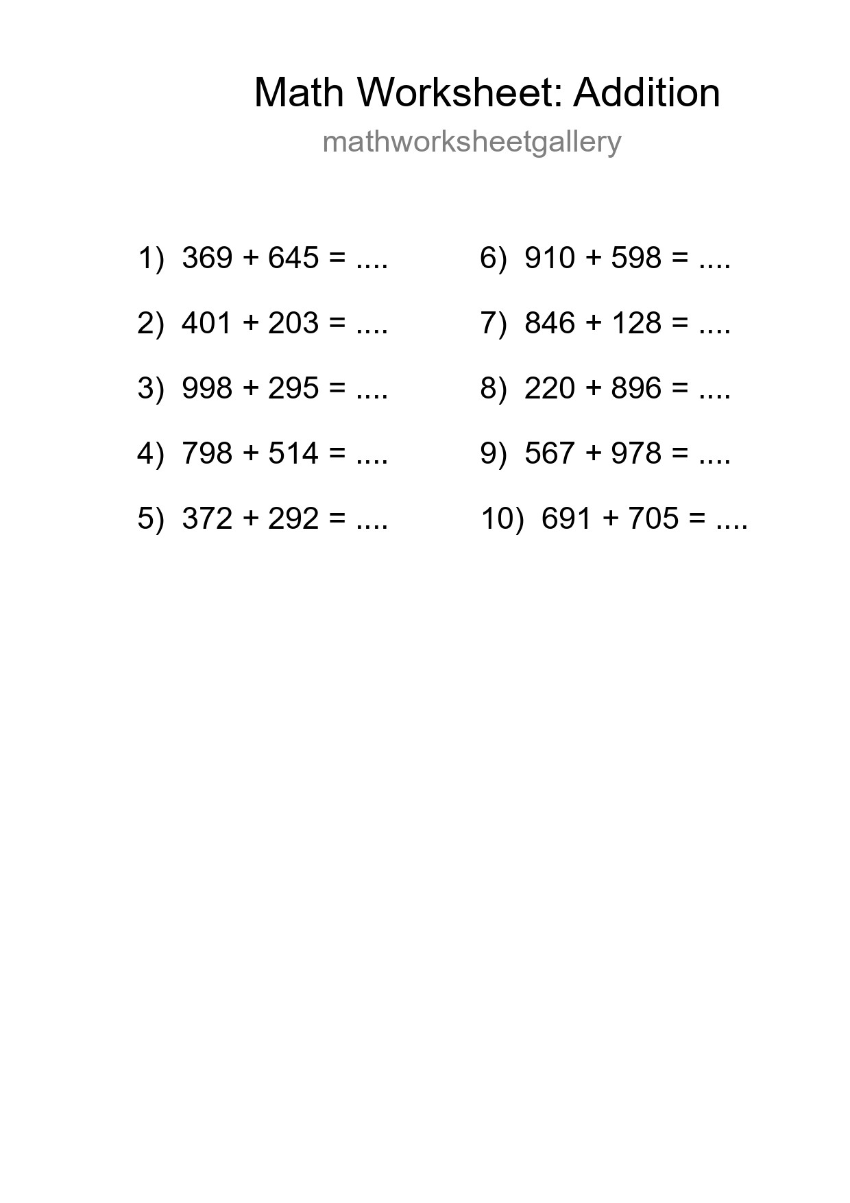 Printable Free 10 Addition Math Worksheet For Grade 5 - Part 131