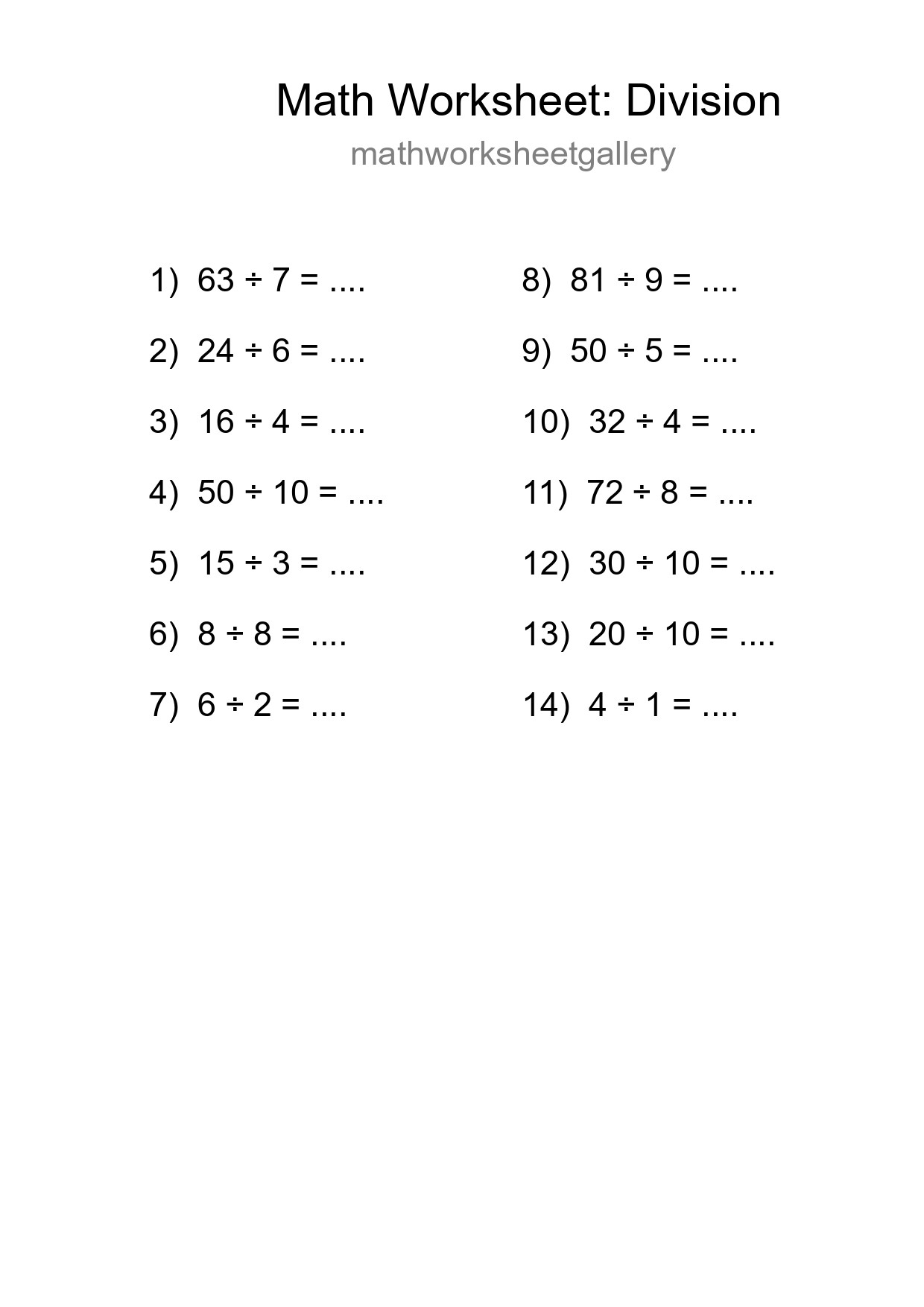 Printable Free 14 Division Math Worksheet For Grade 1 - Part 94