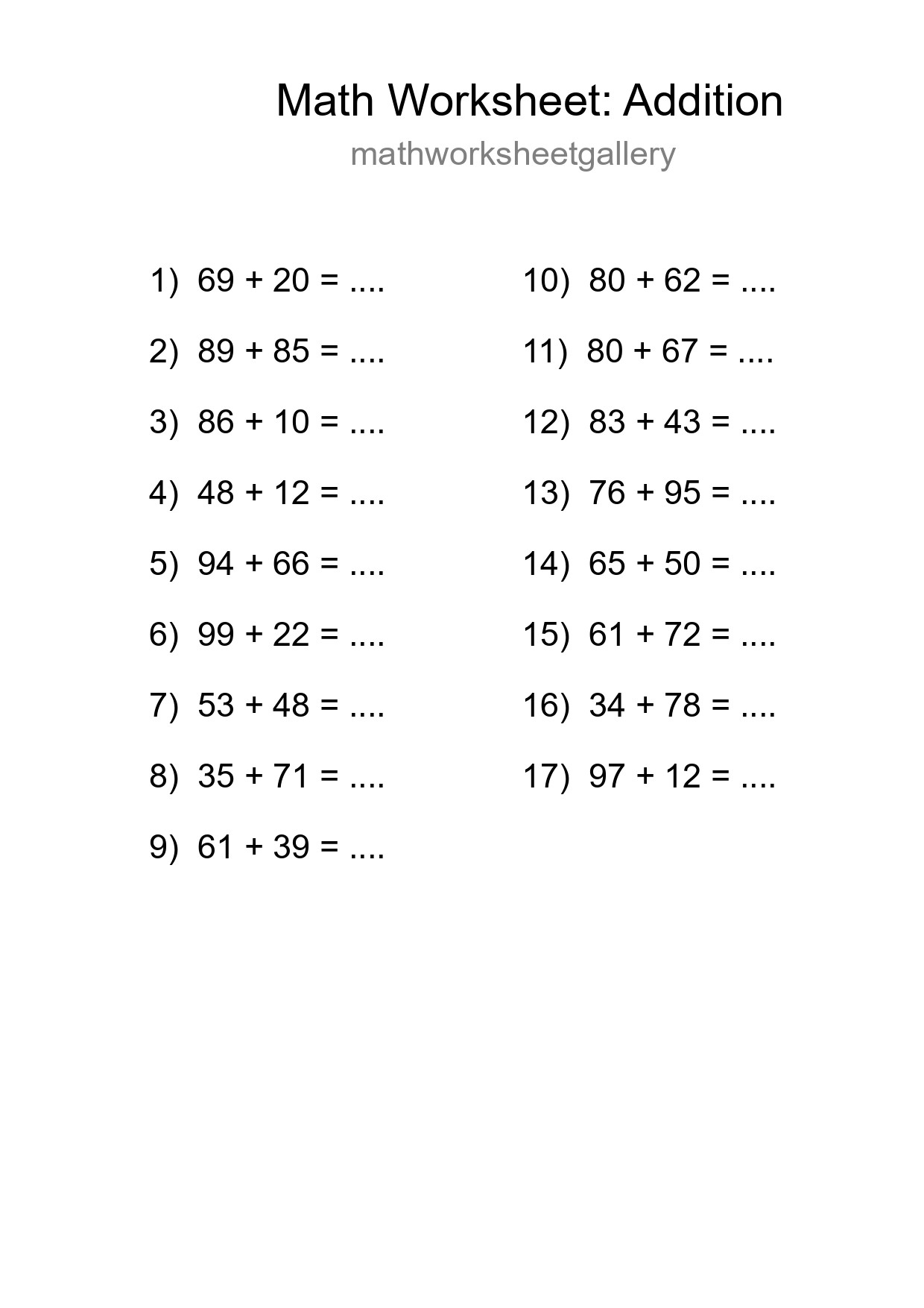 Printable Free 17 Addition Math Worksheet For Grade 3 - Part 291