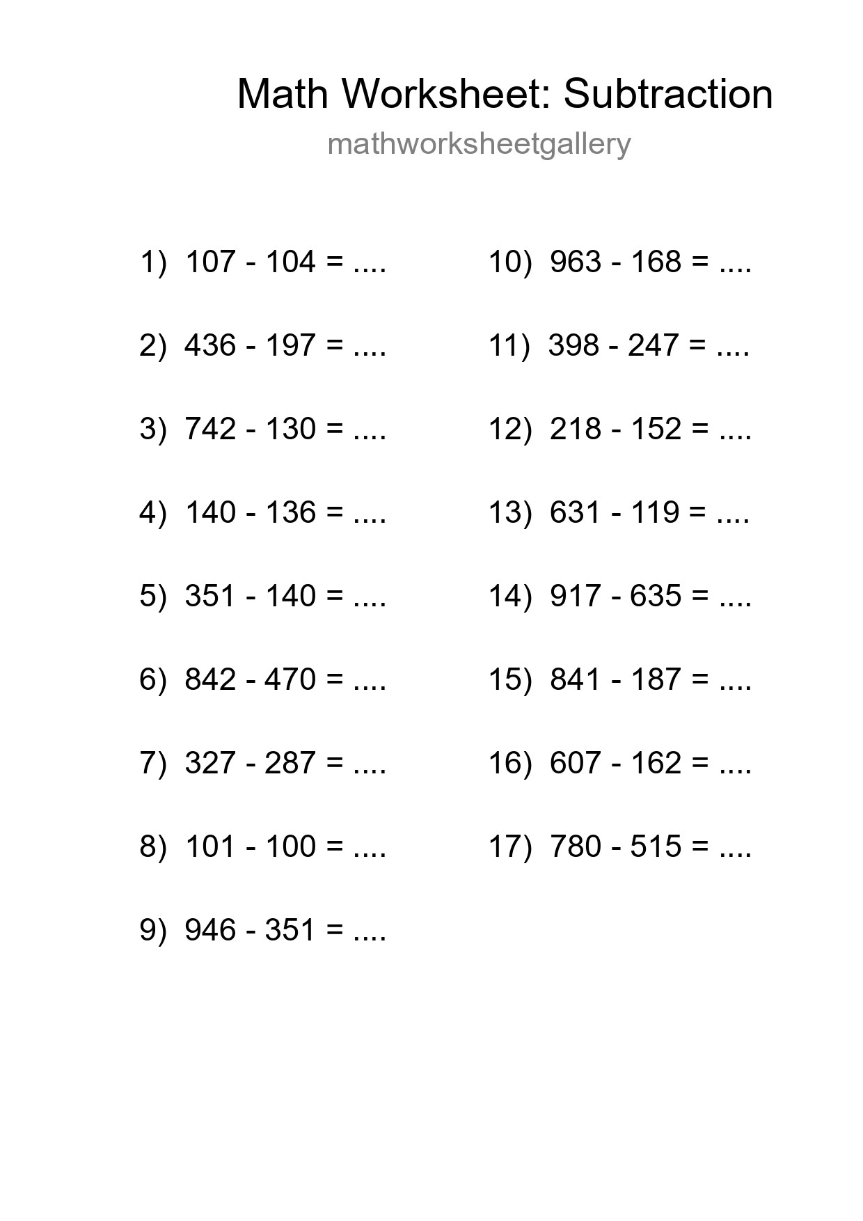 Printable Free 17 Subtraction Math Worksheet For Grade 5 - Part 188