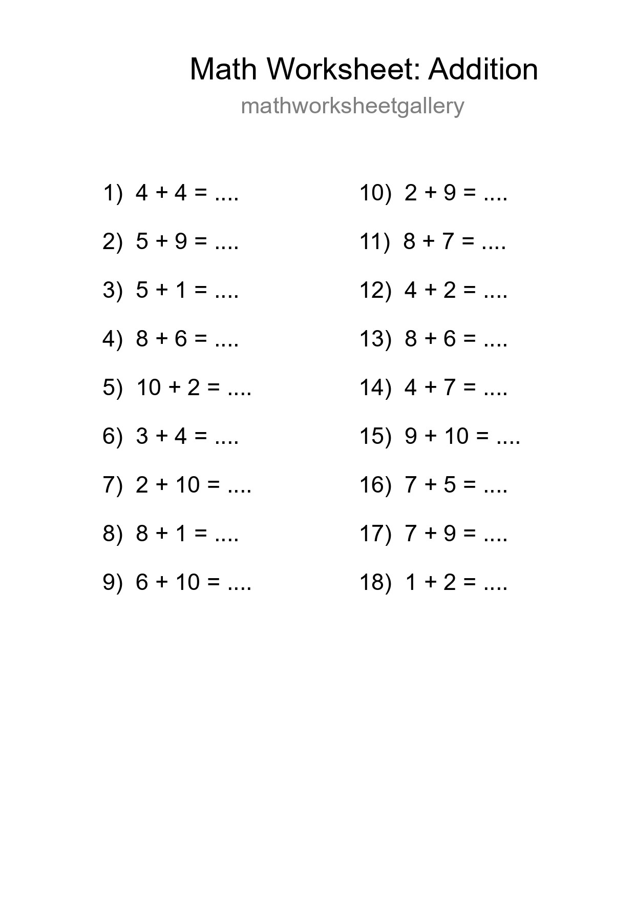 Printable Free 18 Addition Math Worksheet For Grade 1 - Part 271