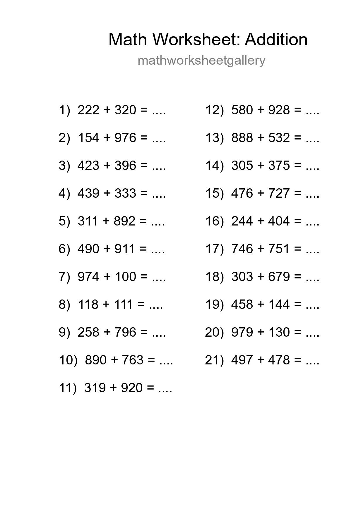Printable Free 21 Addition Math Worksheet For Grade 5 - Part 211
