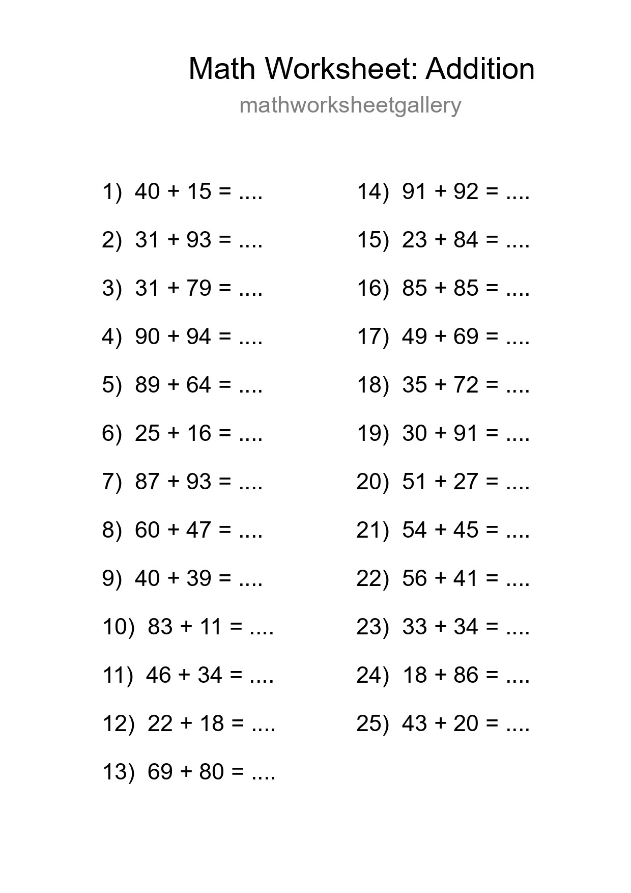 Printable Free 25 Addition Math Worksheet For Grade 3 - Part 221