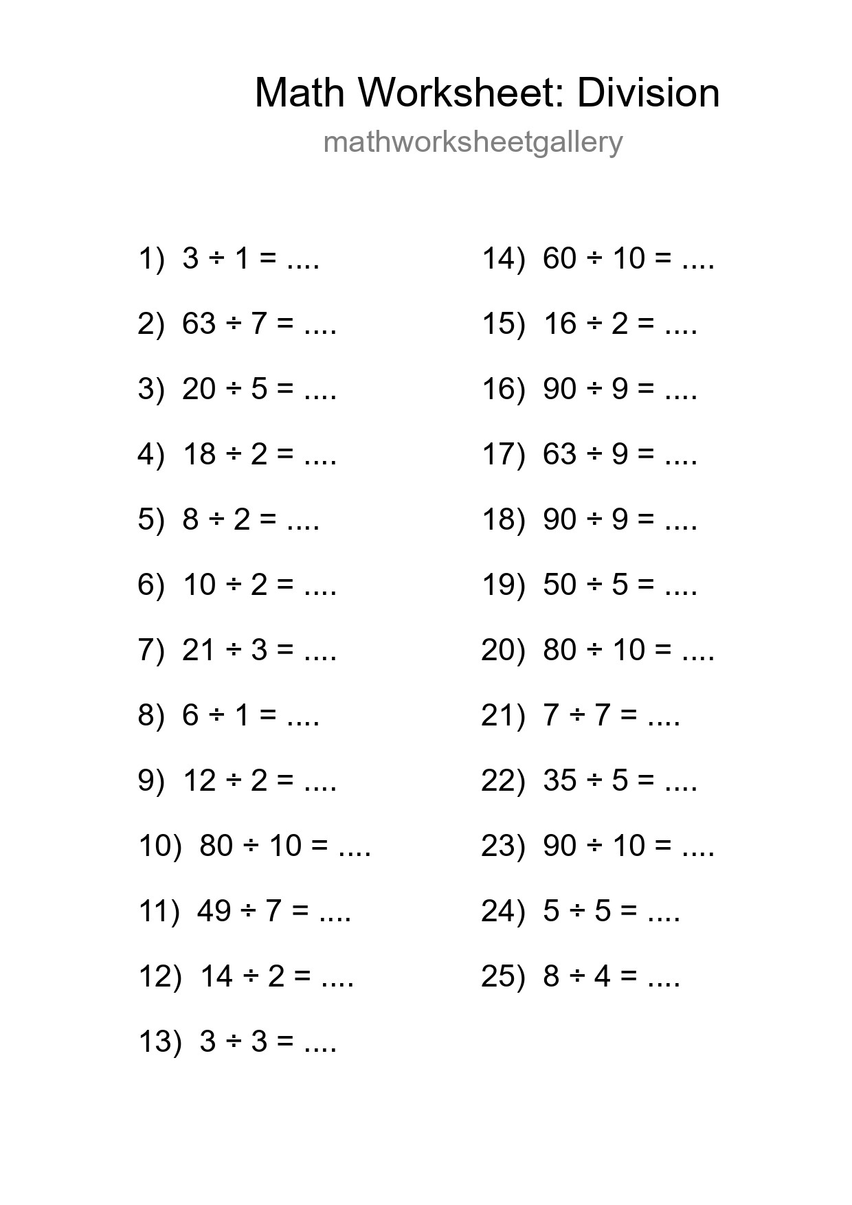Printable Free 25 Division Math Worksheet For Grade 1 - Part 134